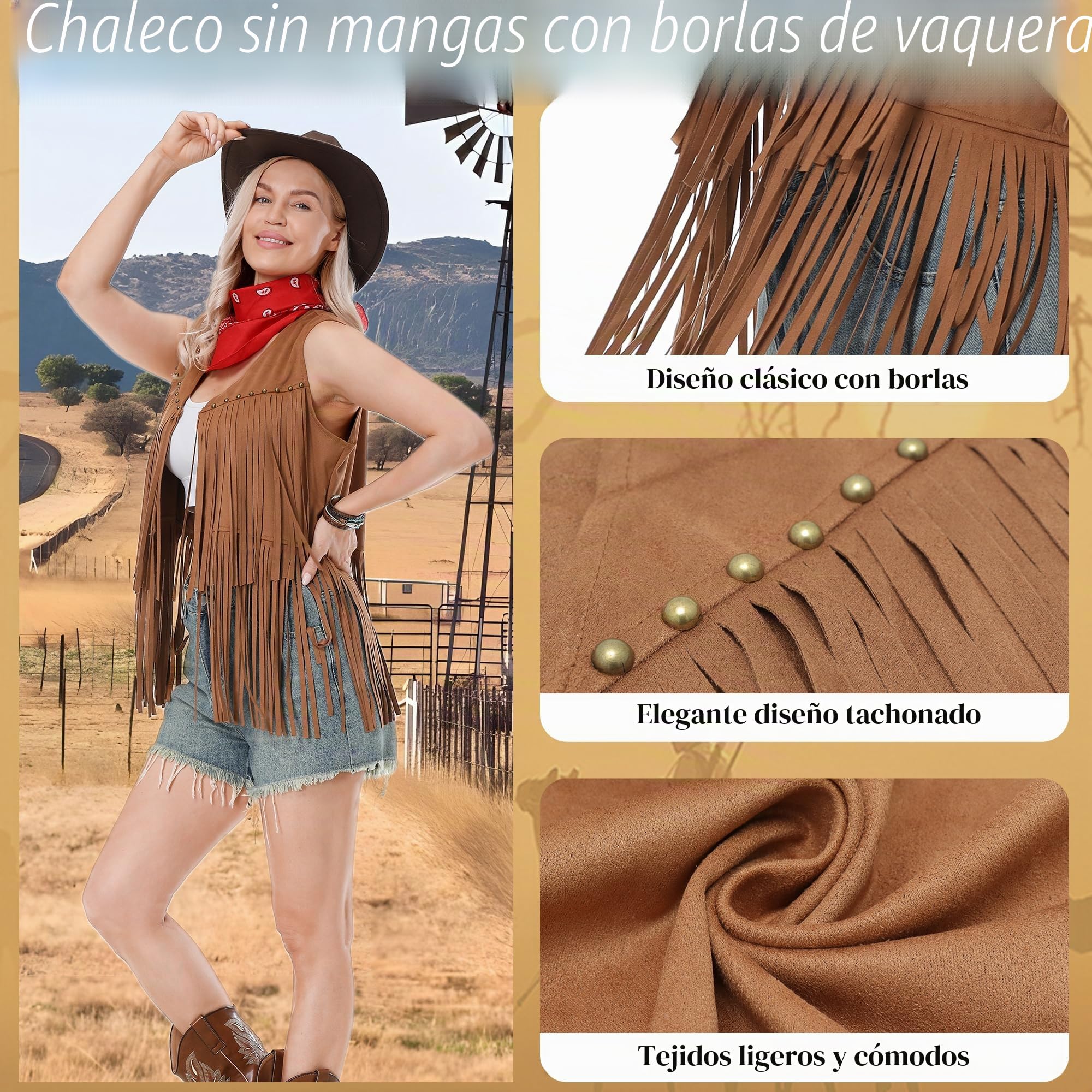 Disfraz Vaquera Mujer, Disfraz Cowboy Adulta, Chaleco de Vaquera Hippie, con Pulsera Sombrero Bufanda