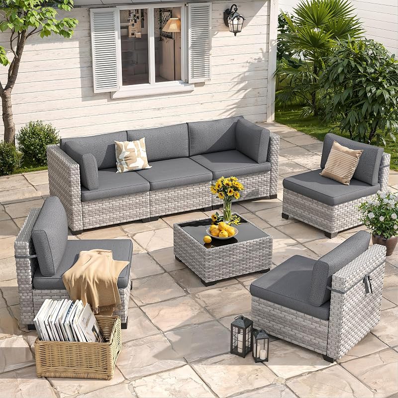 Juego de muebles de patio para exterior de 6 piezas, sofá seccional de mimbre para todo tipo de clima con cojines de asiento profundo de 4 pulgadas, estructura de acero resistente, sofá modular de ratán para patio trasero, terraza y jardín, negro