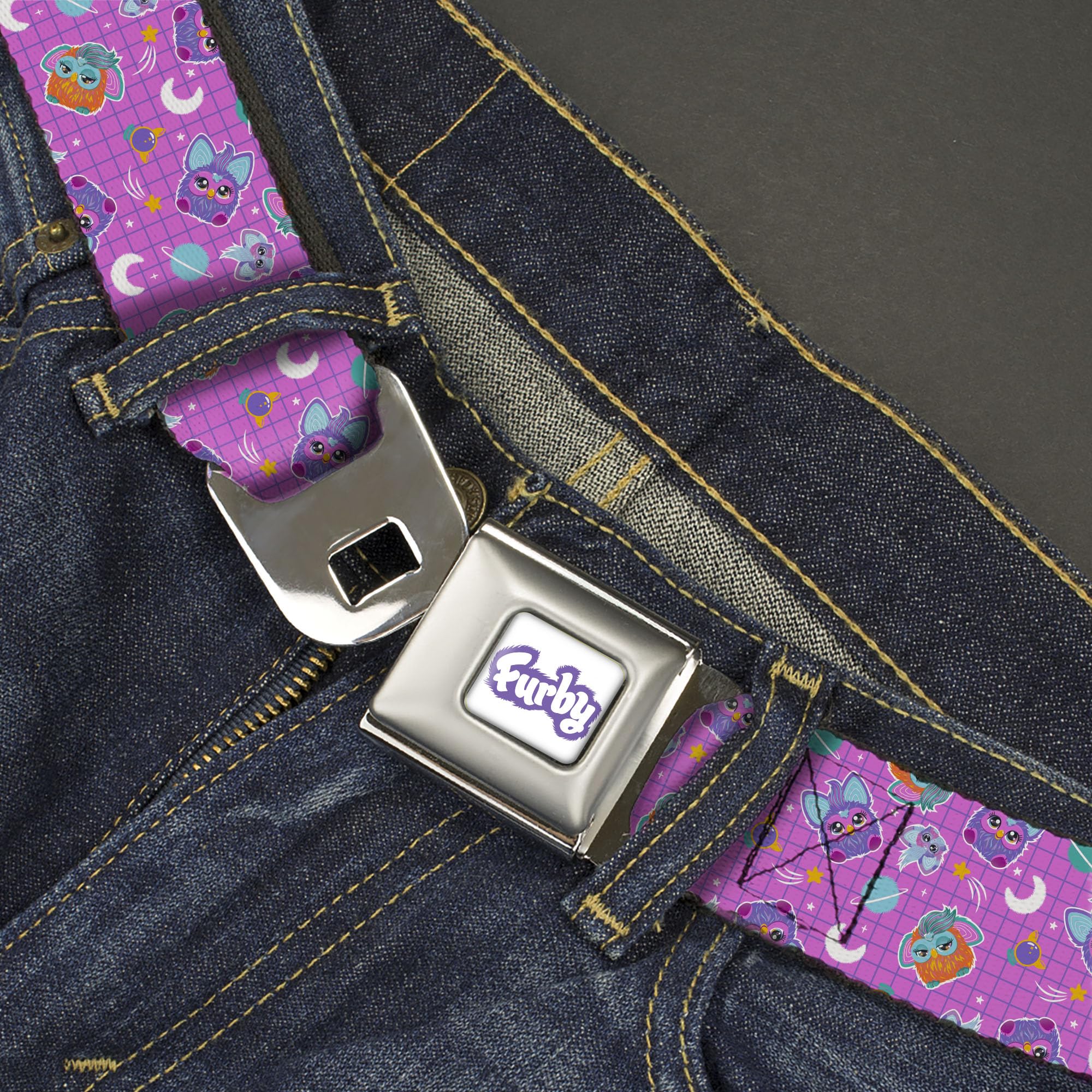 Furby Belt, Seatbelt Buckle Belt, Furby and Furblets Galaxy Grid Collage Pink Purple, Youth 20 to 36 Inches