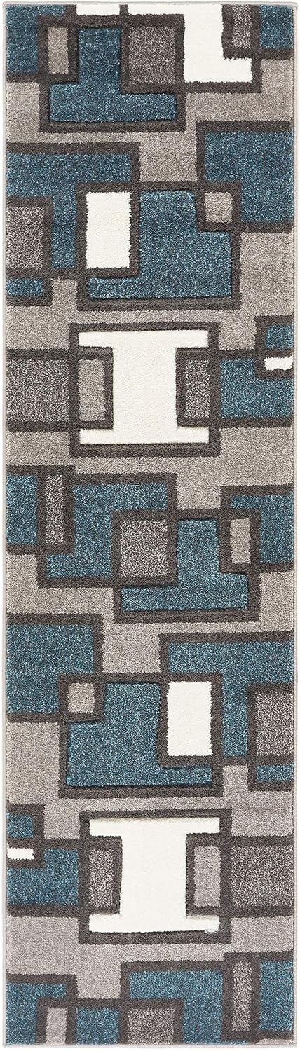 Uptown Squares Blue & Grey Modern Geometric Comfy Casual Hand Carved Runner Rug 2x7 ( 2' x 7' ) Easy to Clean Stain Fade Resistant Abstract Boxes Contemporary Thick Soft Plush Living Dining Room Rug