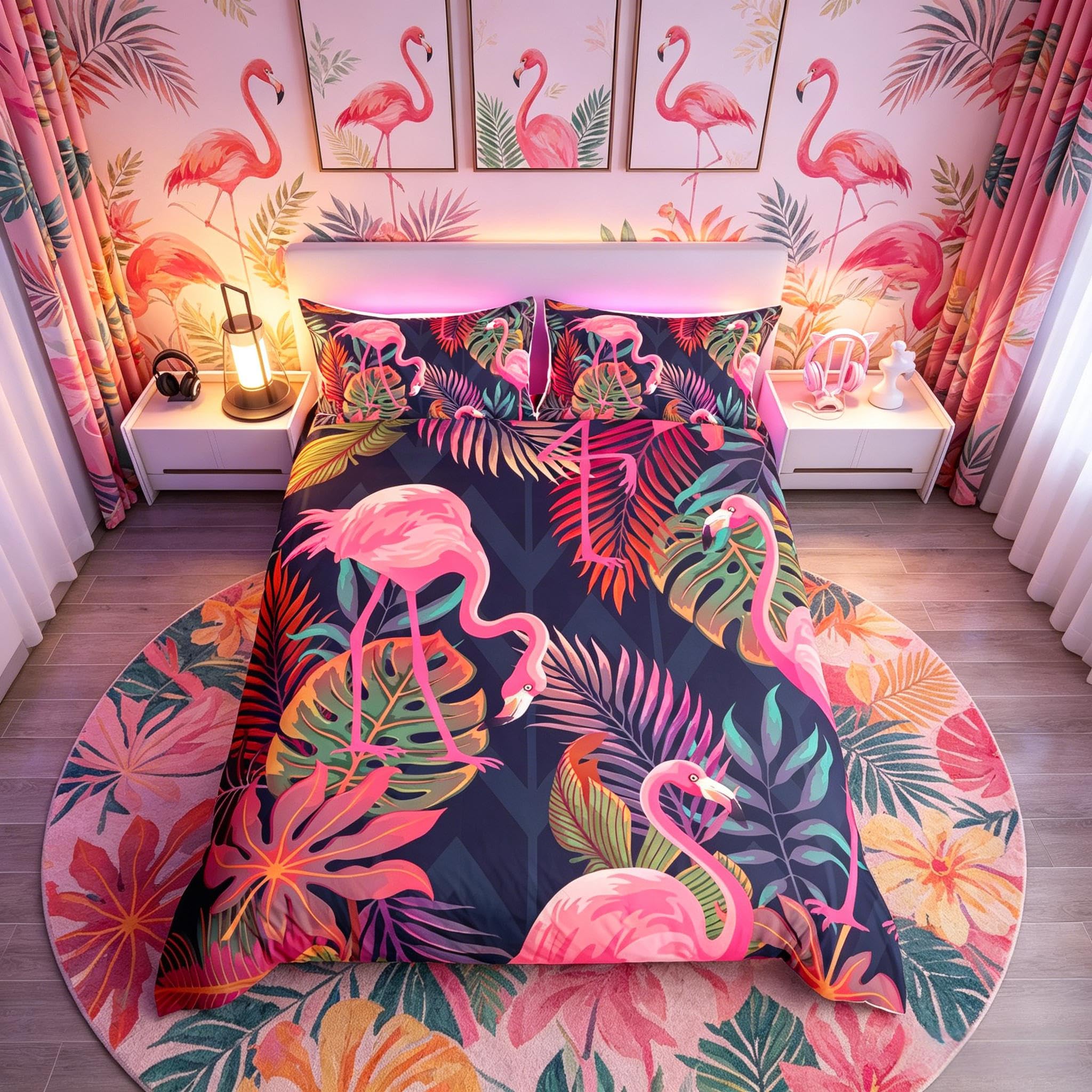 Couple Flamingo Brown Leaf Bird Duvet Cover Set super king Bird Colorful Bedding Set Ultra Soft Microfiber Double Animals Theme Reversible Bedding Exotic Style Decor Comforter Cover 3pcs Bedding Set — image 1