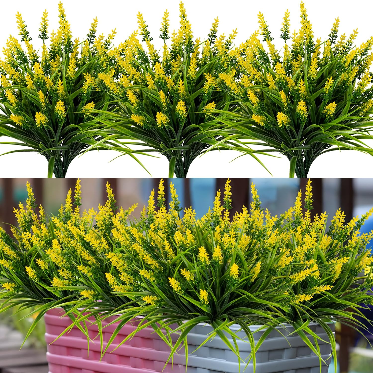 Nigirior Artificial Flowers for Outdoor Plants 24 Bundles Fake Lavender Plastic Faux Monkey Grass for Verandah Window Garden Office Patio Front Porch UV Resistant for Planter(Yellow)