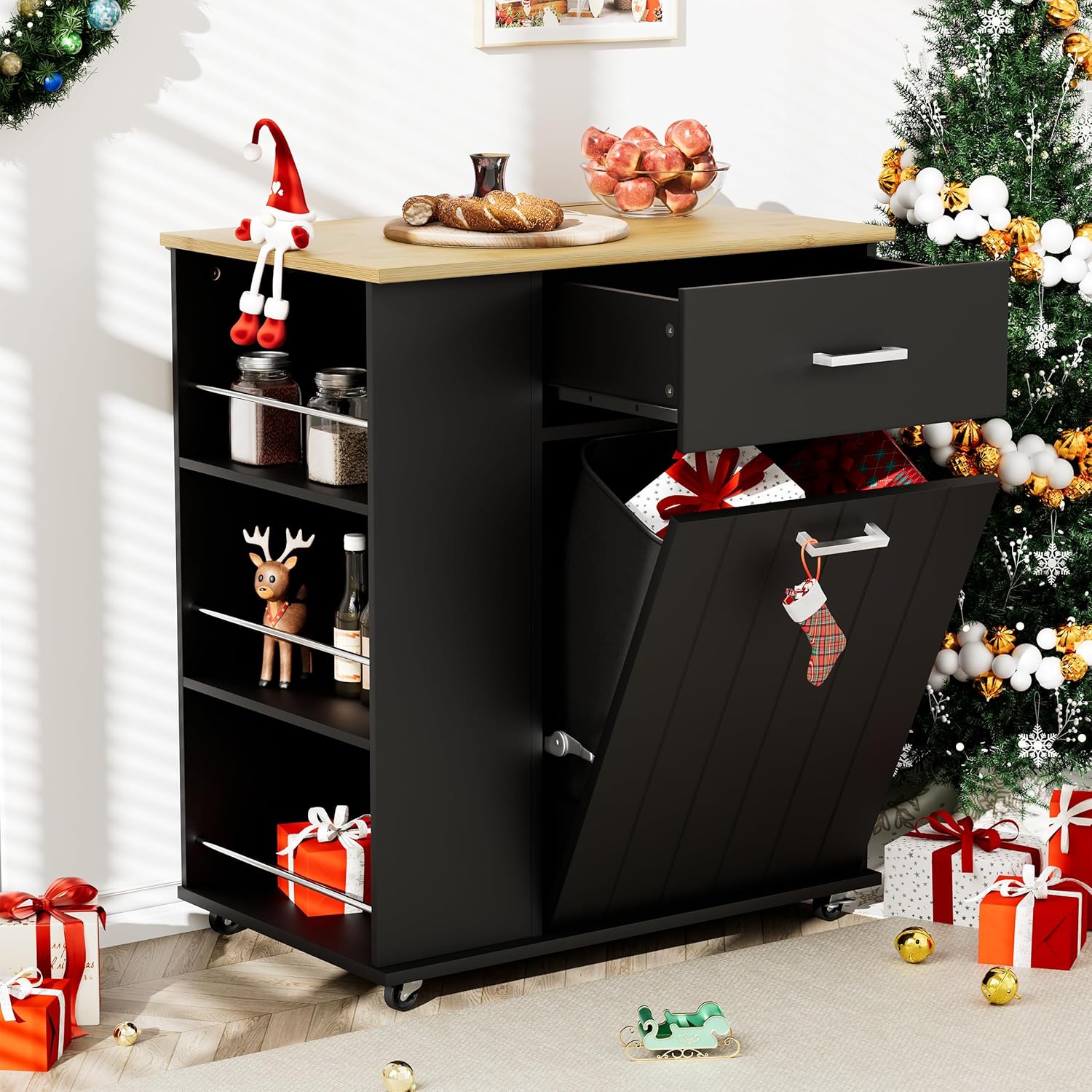 Rolling Kitchen Island with Trash Can Storage, Portable Kitchen Island on Wheels with Towel Rack & Spice Rack, Tilt Out Trash Can Cabinet with Drawer, Mobile Island Cart (Black)