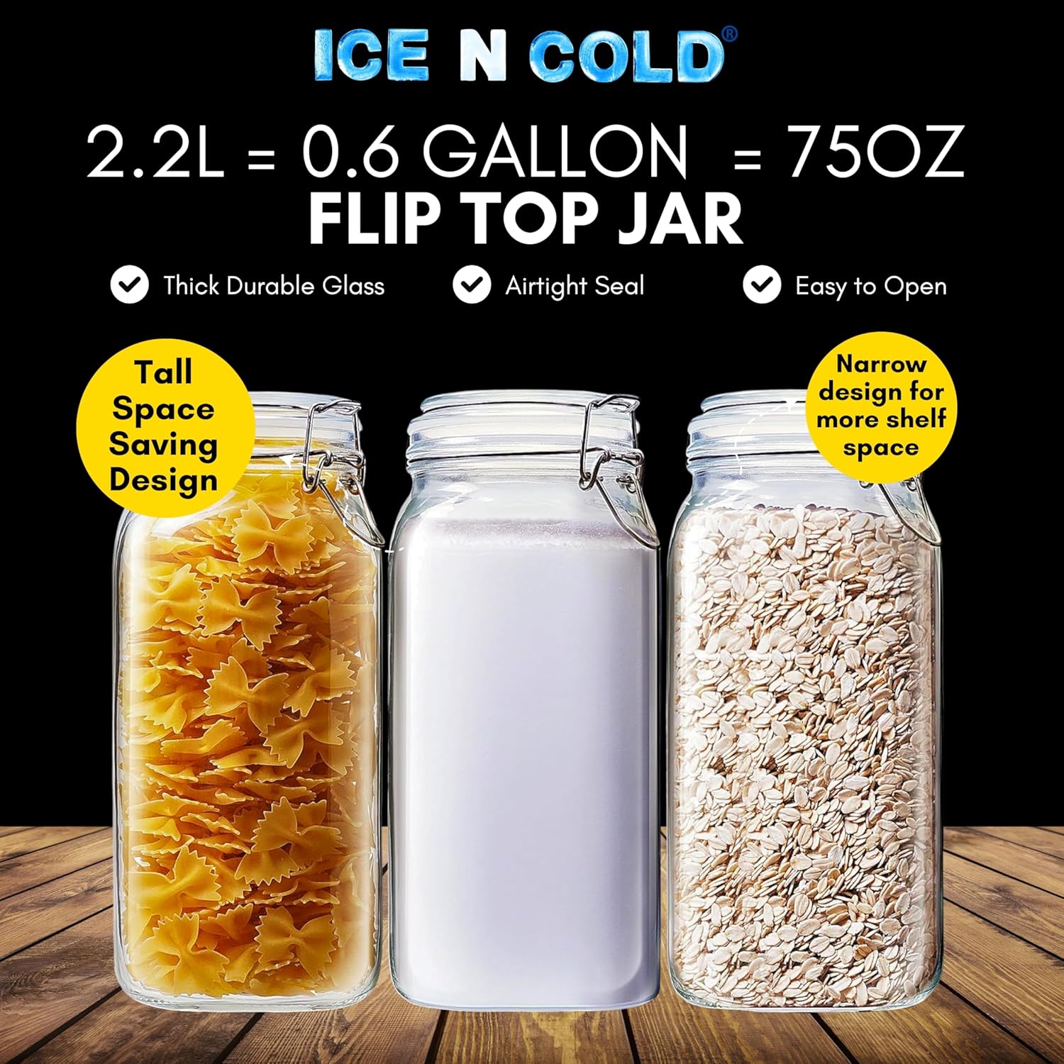 Airtight Glass Storage Jars with Clamp Lid – Food Storage Containers with Rubber Gasket Seal – Pantry & Kitchen Canisters for Dry Goods, Coffee, Sugar, Pasta – 0.4L to 4L Sizes (6, 75oz | 2.2L)