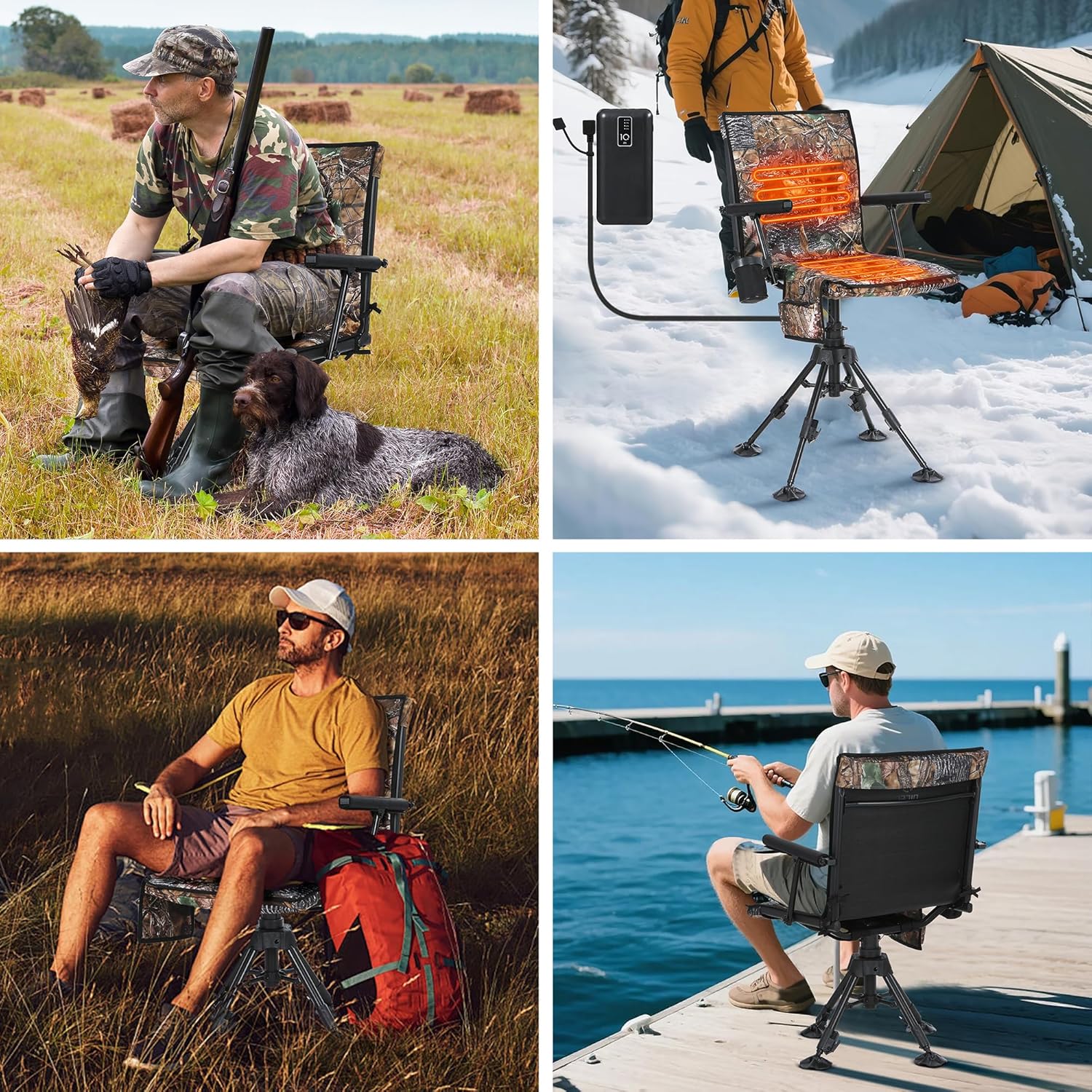 Heated Swivel Hunting Chair with Battery, 360 Degree Slience Hunting Blind Chair, with Armrest, Cup Holder, Camouflage Pattern, for Deer Bird Hunting (Heated, 1 Pack)