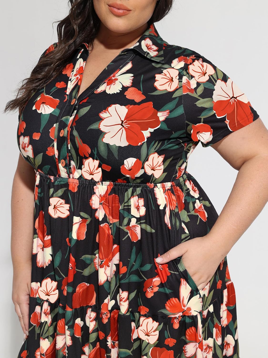 CARCOS Plus Size Dresses for Curvy Women Collared Vneck Short Sleeve Dresses Midi Summer Ruffle Dress with Pocket XL-5XL - Image 5