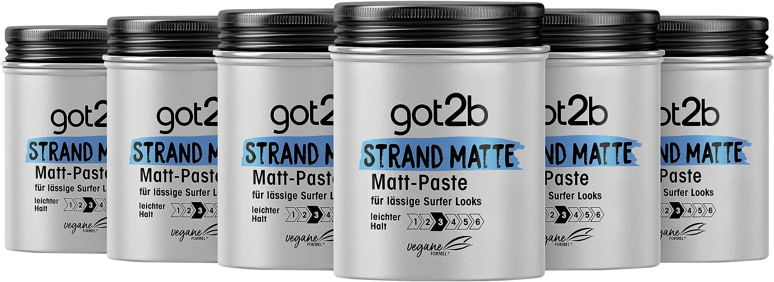got2b Strand Matte Matt-Paste (100 ml), Styling Paste für matte Surfer Looks, zum Strubbeln, Texturieren oder Zähmen ohne Verkleben, mittlerer Halt, 6x 100 ml