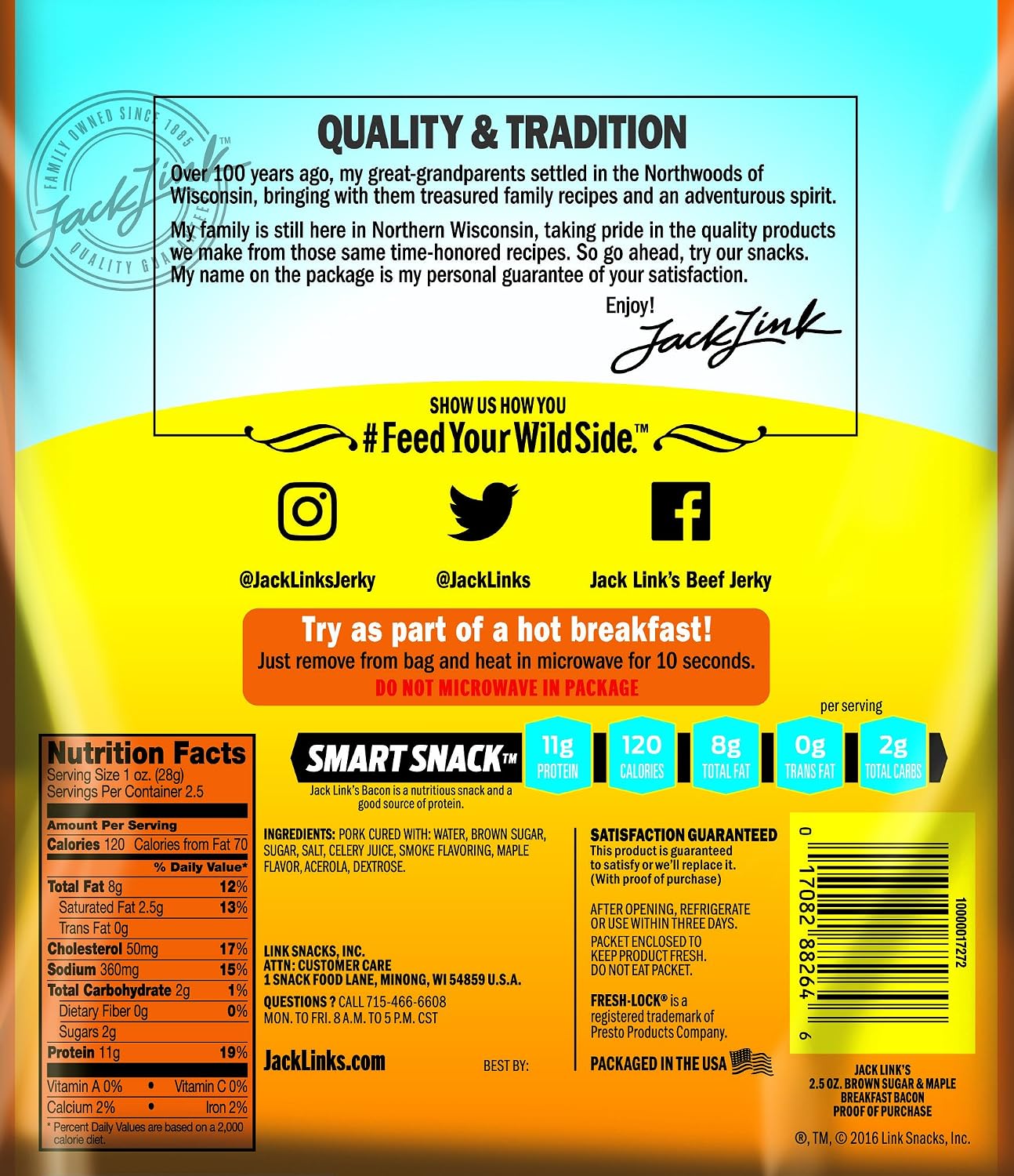 Jack Links A.M. Breakfast Bacon, Brown Sugar & Maple, 2.5 oz. Bag – Flavorful Ready to Eat Meat Snack with 11g of Protein, Made with 100% Real Bacon – No Added MSG or Nitrates/Nitrites
