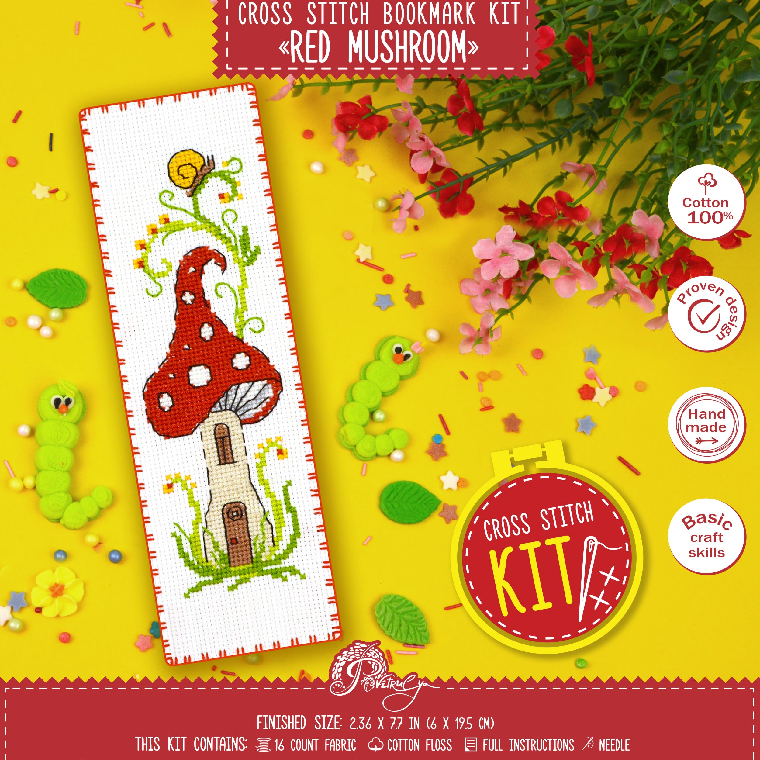 Povitrulya Red Mushroom Counted Cross Stitch Bookmark