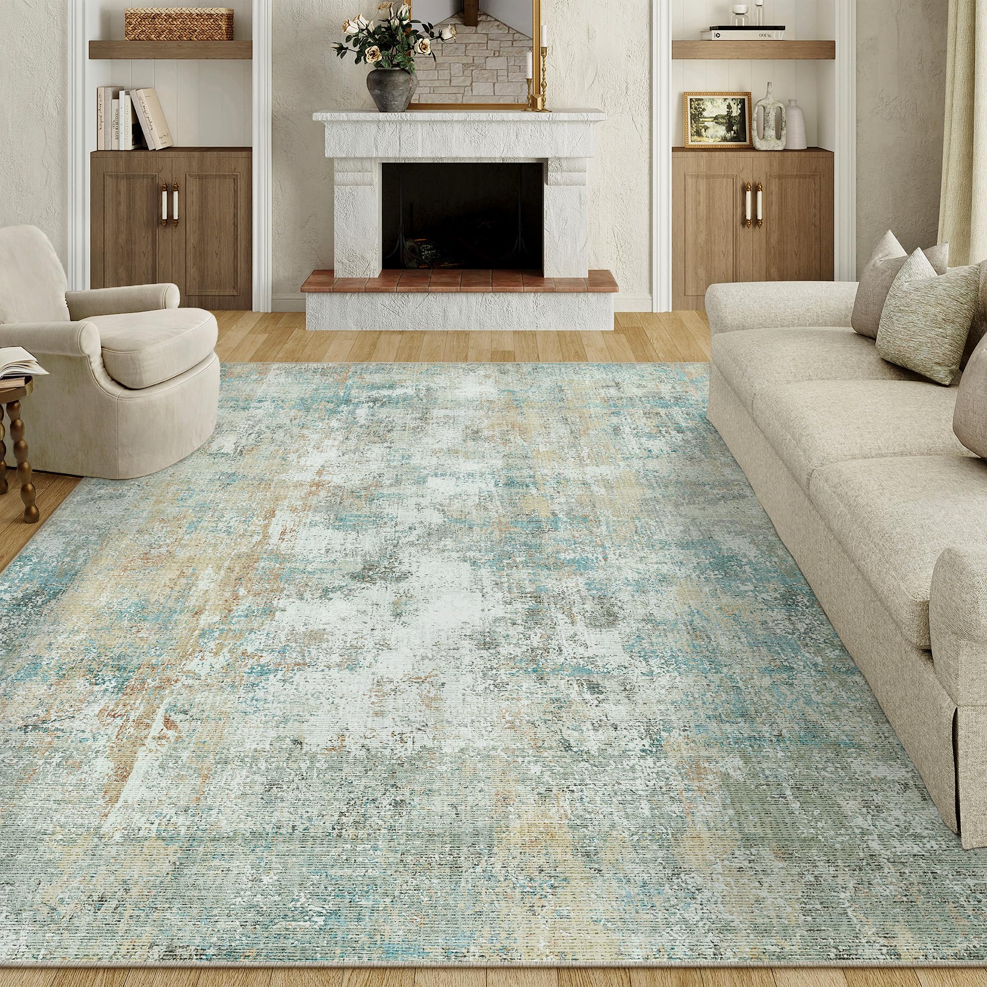 HUGEAR Washable Rugs Living Room Rug 240x300cm Blue Yellow Non Slip Abstract Natural Neutral Modern Large Carpet Bedroom Kitchen Hall Lounge Bedside Low Pile Carpets