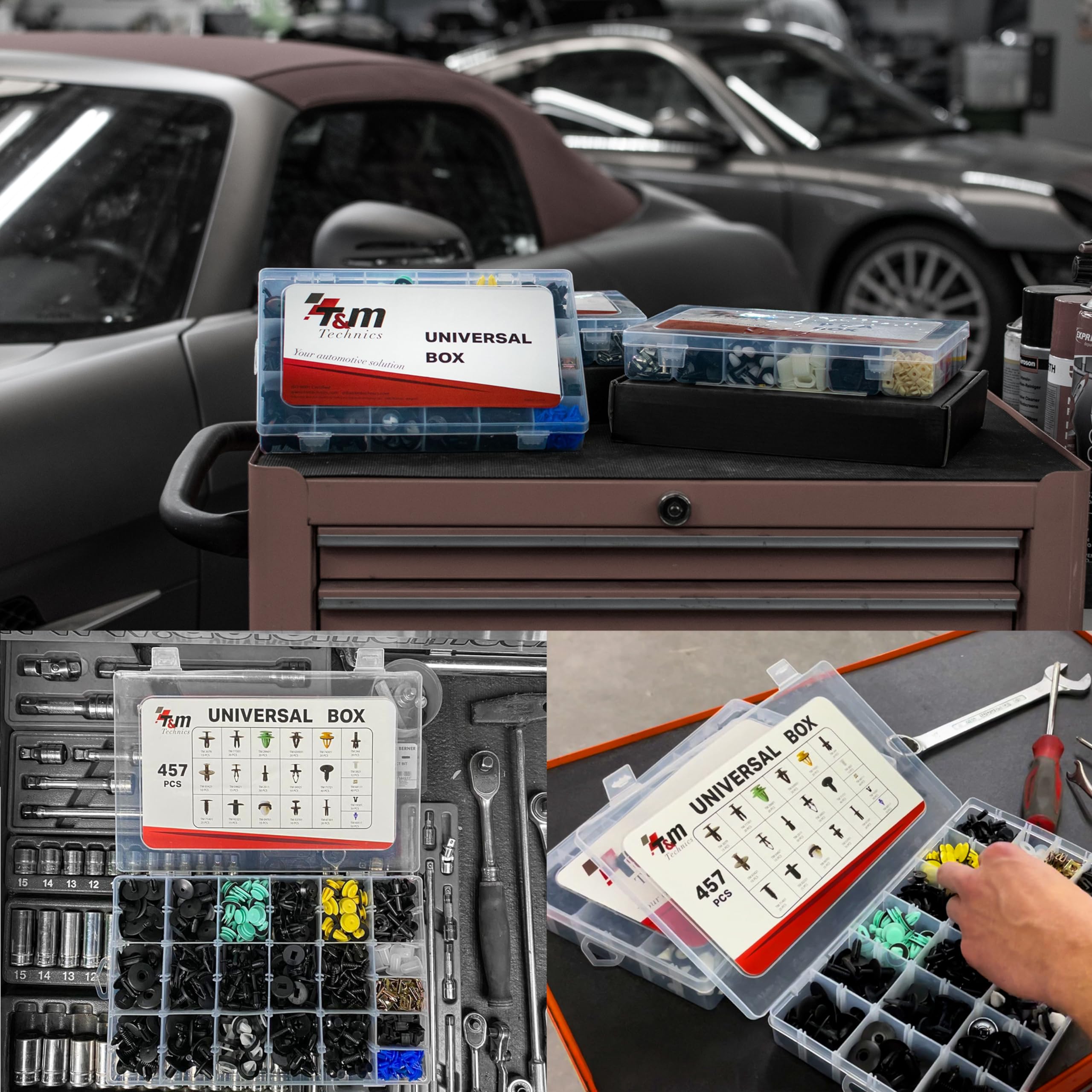 T&M TECHNICS® Set Completo di Clip di Montaggio in Plastica per Auto - Confezione da 457 Rivetti, Clip e Fissaggi Universali per Veicoli - Carrozzeria e Accessori Auto
