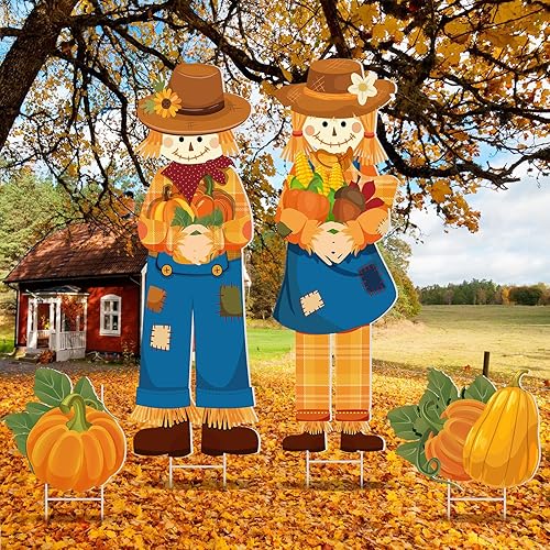 Geetery 4 piezas de decoración de Acción de Gracias al aire libre, estaca de espantapájaros, calabazas peregrinas, letrero de porche con estaca,