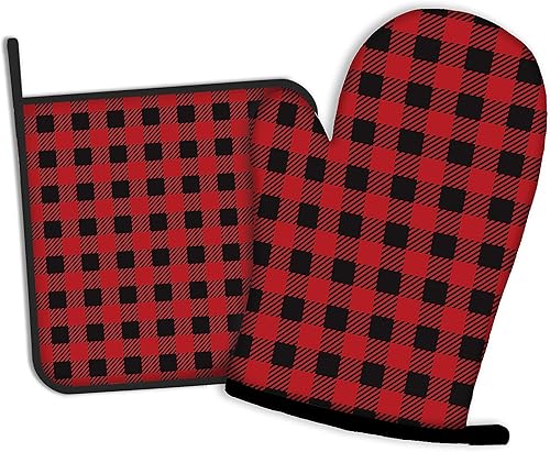 Guantes de horno a cuadros rojos y negros y soportes para ollas de cocina, juego de 2 piezas, almohadilla resistente al calor para hornear,