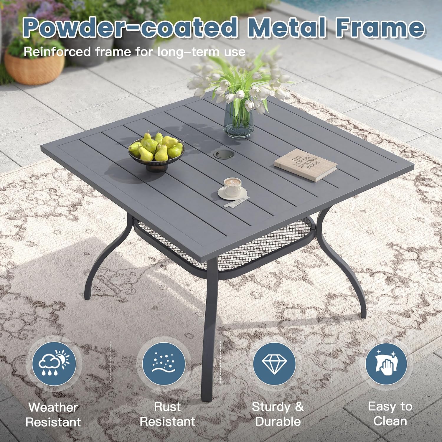 DIFY Square Patio Dining Table for 4, 38" Grey Outdoor Metal Dining Table with 1.57" Umbrella Hole for Backyard, Lawn, Garden and Deck