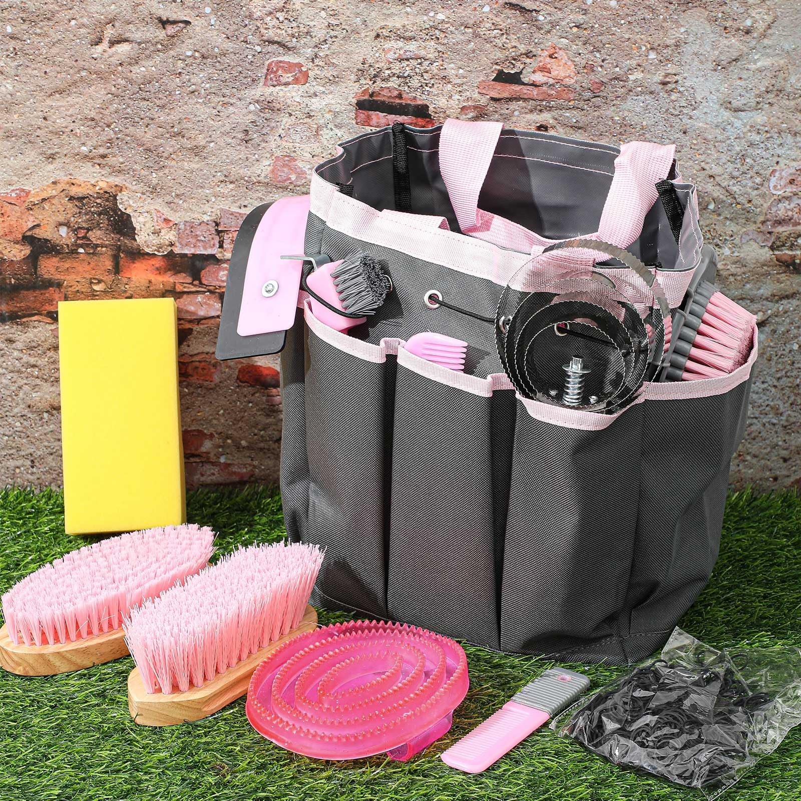 Abbylike Kit da 12 pezzi per la toelettatura dei cavalli, set di spazzole per cavalli Kit di pulizia per la cura degli equini, strumenti massaggianti con borsa (rosa e grigio)