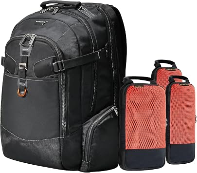 EVERKI Business Laptop Backpack for Men & Women + Compressible Packing Cube Set of 3 2 S & 1 M, 40L Capacity, XL Laptop Compartment, 180 Degree Fold-Out Design, Work & Gaming Laptop Bag w Rain Cover