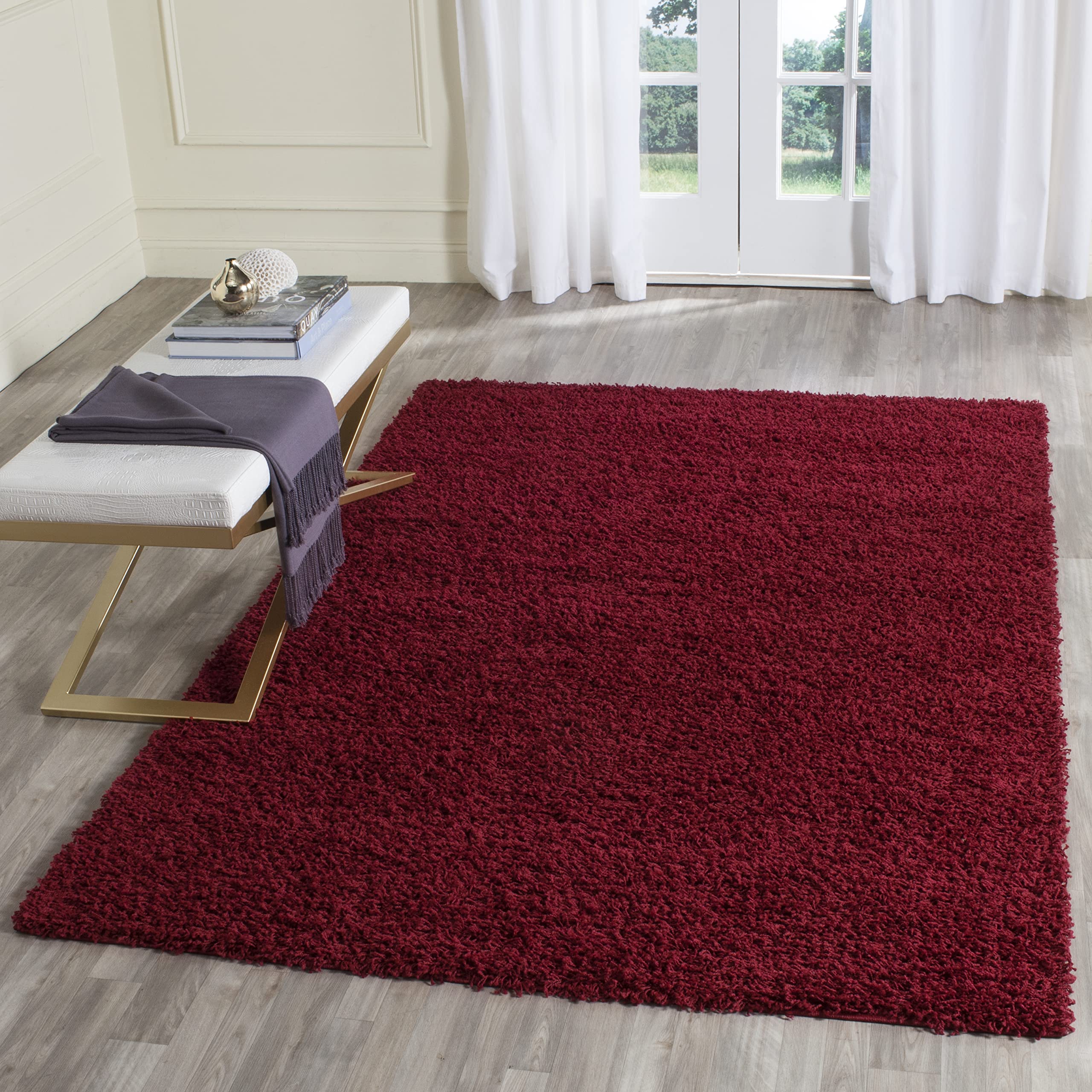 Safavieh Alfombra Shag Sala de Estar, Comedor, Dormitorio - Athens Shag Collection, Pelo Largo, Rojo, 155 X 229 cm