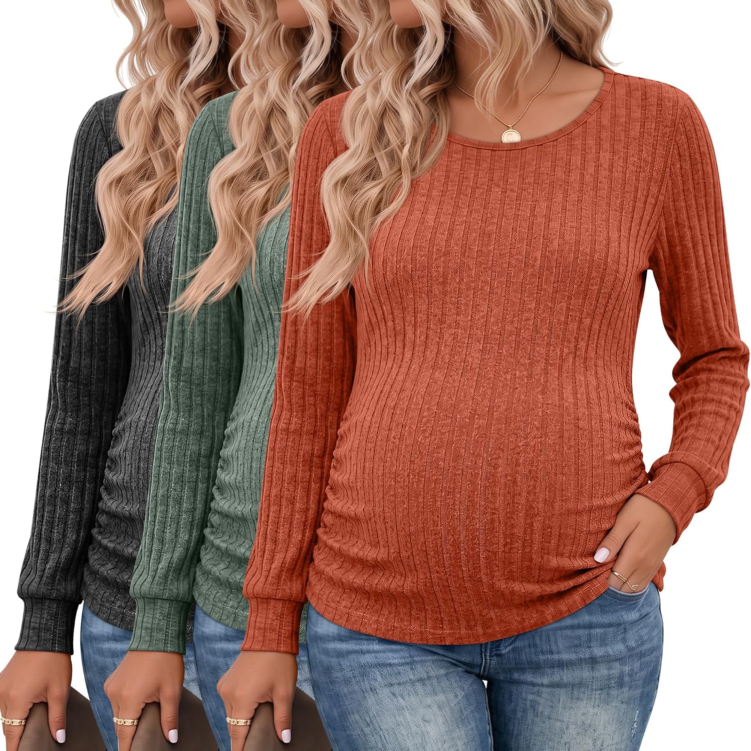 Oakgarden 3 Pack Women's Maternity Ribbed Long Sleeve Shirts