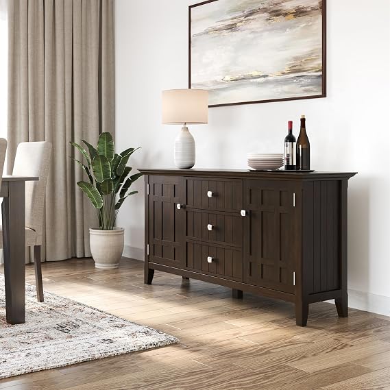 SIMPLIHOME Bedford 54 Wide Solid Wood 2-Door Buffet in Brunette Brown