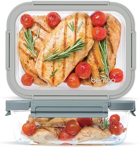 Bentgo Juego de 4 piezas de almacenamiento de alimentos a prueba de fugas de vidrio (dos recipientes de 6.3 tazas), contenedores duraderos de