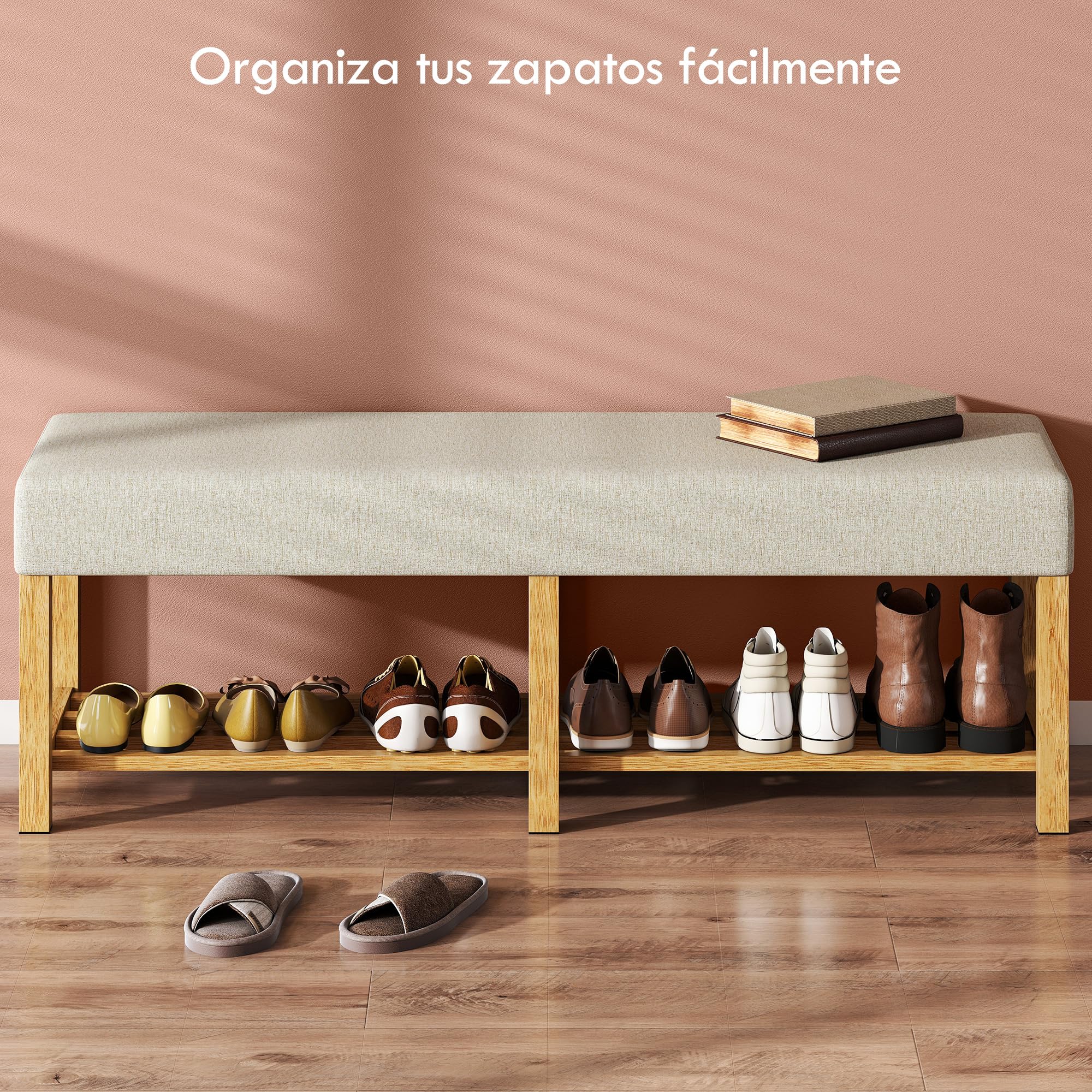 HOMCOM Banco Zapatero Banco Recibidor 140x44x48 cm Crema y Madera Natural | Asiento Acolchado para 2 Personas, Estante Abierto, Marco de Madera, para Entrada Pasillo Salón
