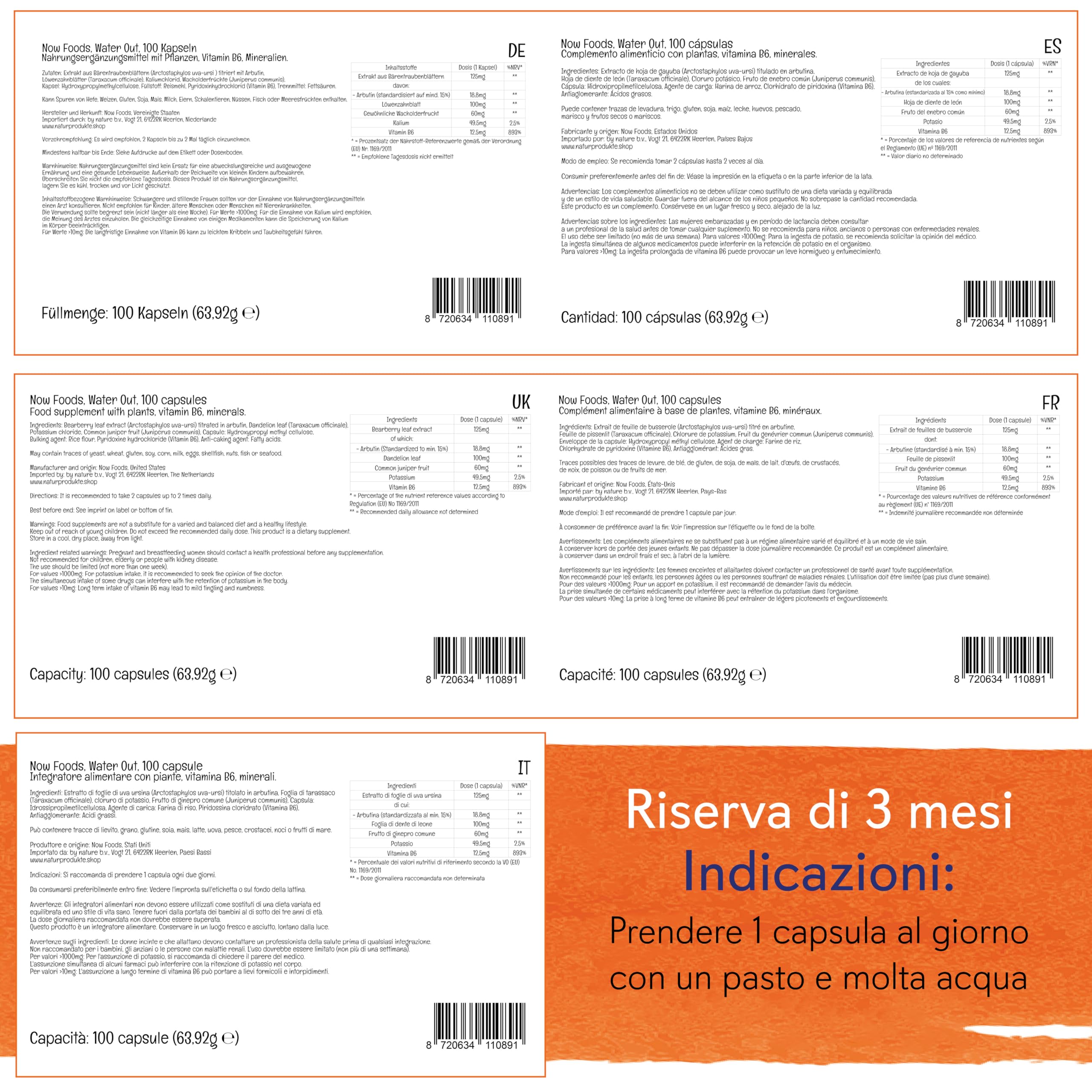 Now Foods, Water Out, 100 Capsule vegane, Testato in Laboratorio, Vitamina B6, Minerali, Vegetale, Senza Glutine, Senza Soia, Vegetariano