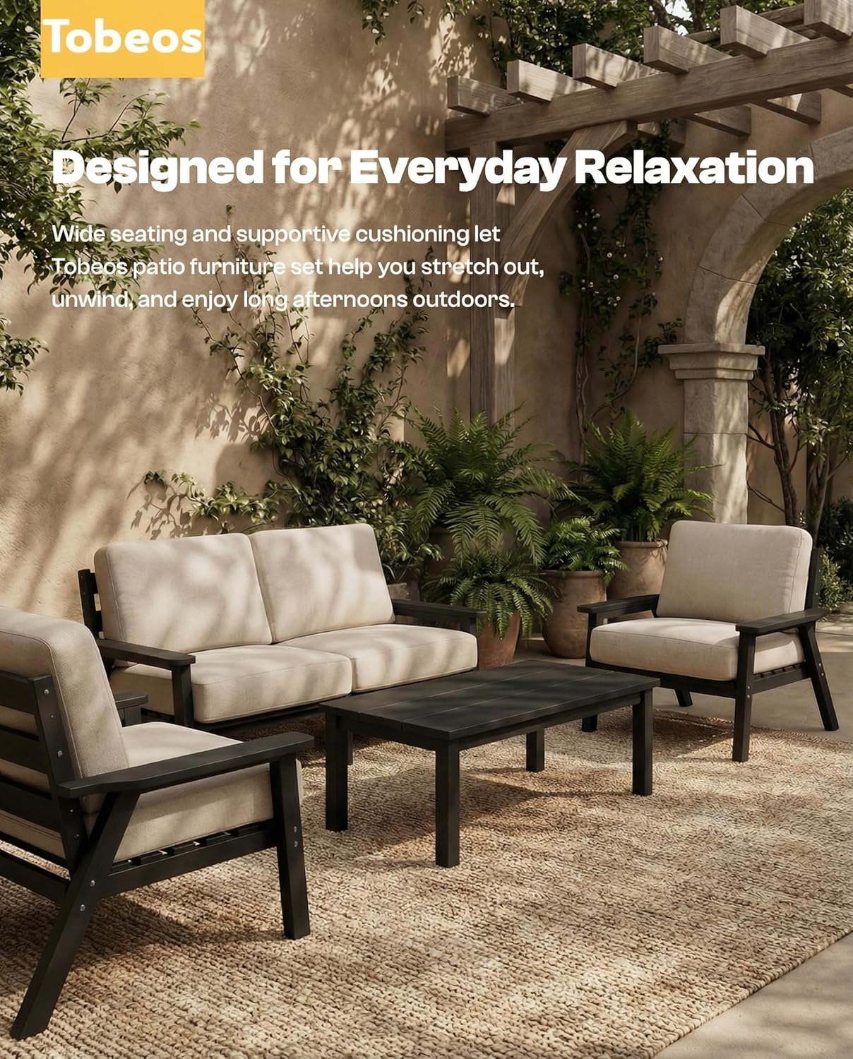 Patio Furniture Set, HDPE Outdoor Sofa Set with Beige Washable Cushions, Patio Conversation Sets for Lawn, Garden, Porch, Balcony & Deck, Durable Outdoor Sectional Furniture (Black Frame)