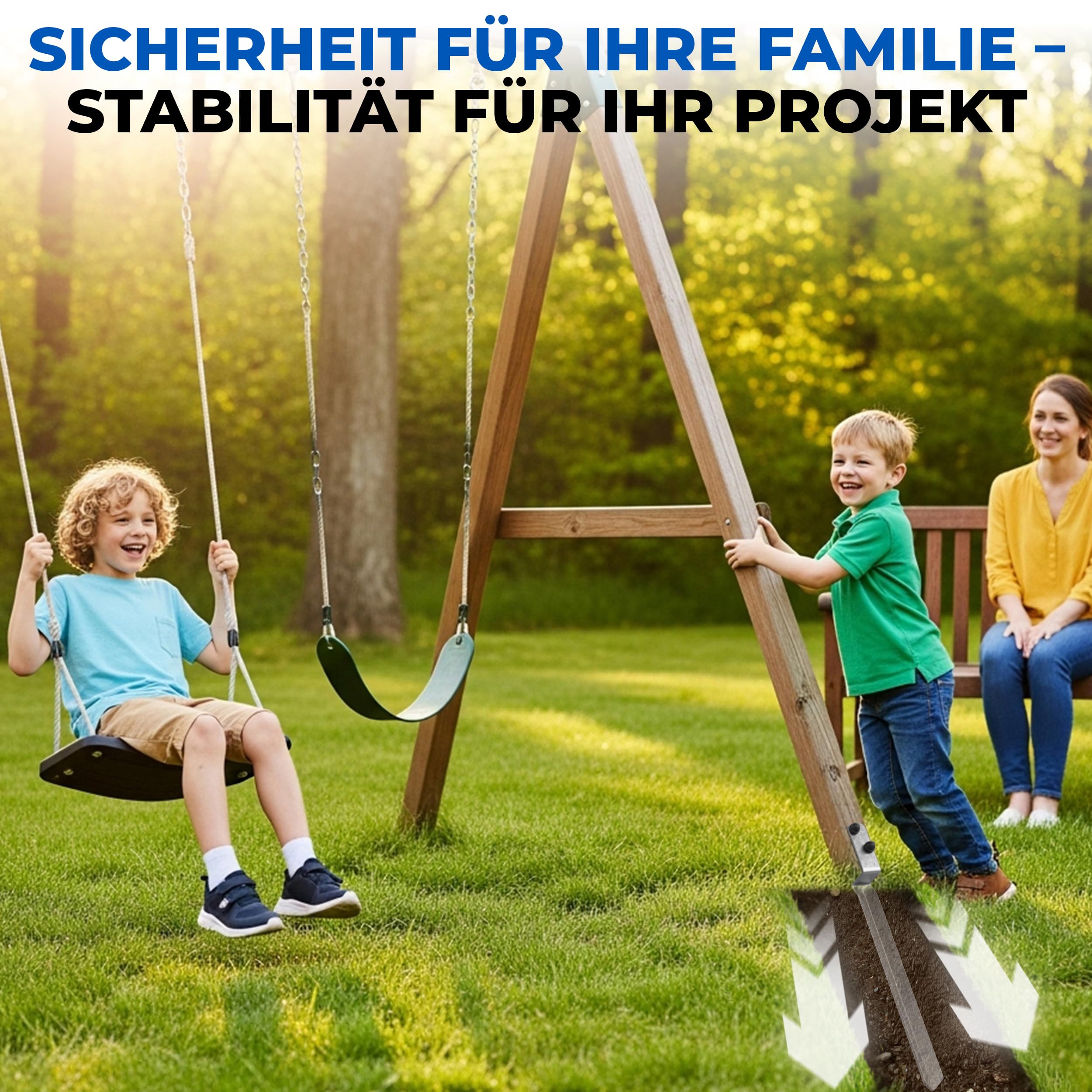 Bodenanker für Holzpfosten Einschlaghülse Z-Form 50,5 cm, 4er Set, 5 mm Stahl feuerverzinkt, V-Spitze, Made in EU, inkl. Schrauben & Sicherheitsabdeckkappen, für Schaukel Spielturm Holzpfosten