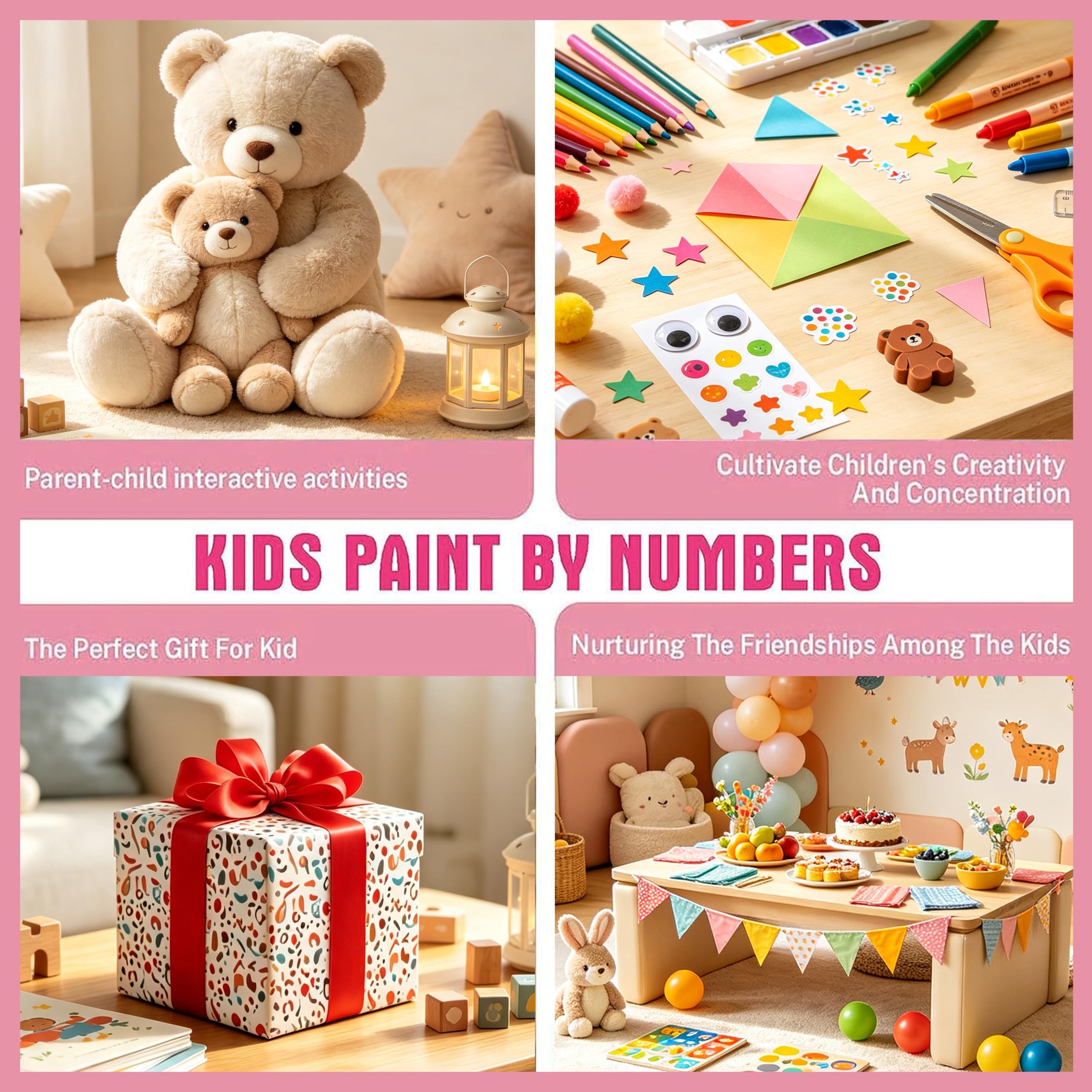Paquete de 4 Regalos para Niños, Pinturas de Animales por Números con Marco de Madera, Pintura por Números para Niños de 4 a 8 a 12 Años, Kit de Pintura al Óleo Acrílica Fácil para Decoración de Pared
