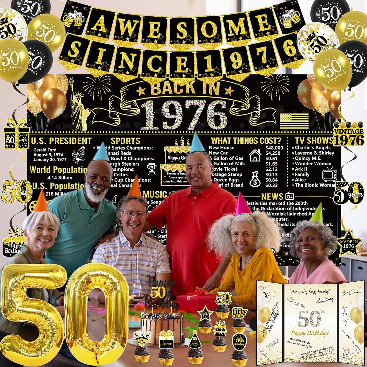 Trgowaul 50th Birthday Decorations for Men Women, 32PCS Back in 1976 Birthday Party Supplies, Vintage Black Gold Birthday Banner, 50th Birthday Alternative Signature Guest Book, Cheers to 50 Years Old - Image 9