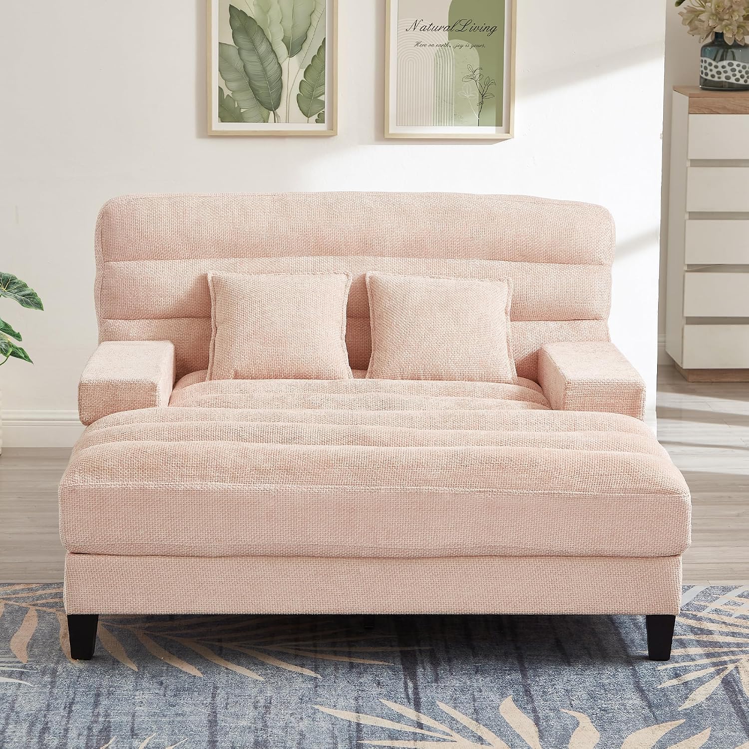 P PURLOVE Modern Chaise Lounge Sofa, Chenille Upholstered Lounge Sofa Chair with Adjustable Backrest and LED Light Strip for Living Room (Pink)