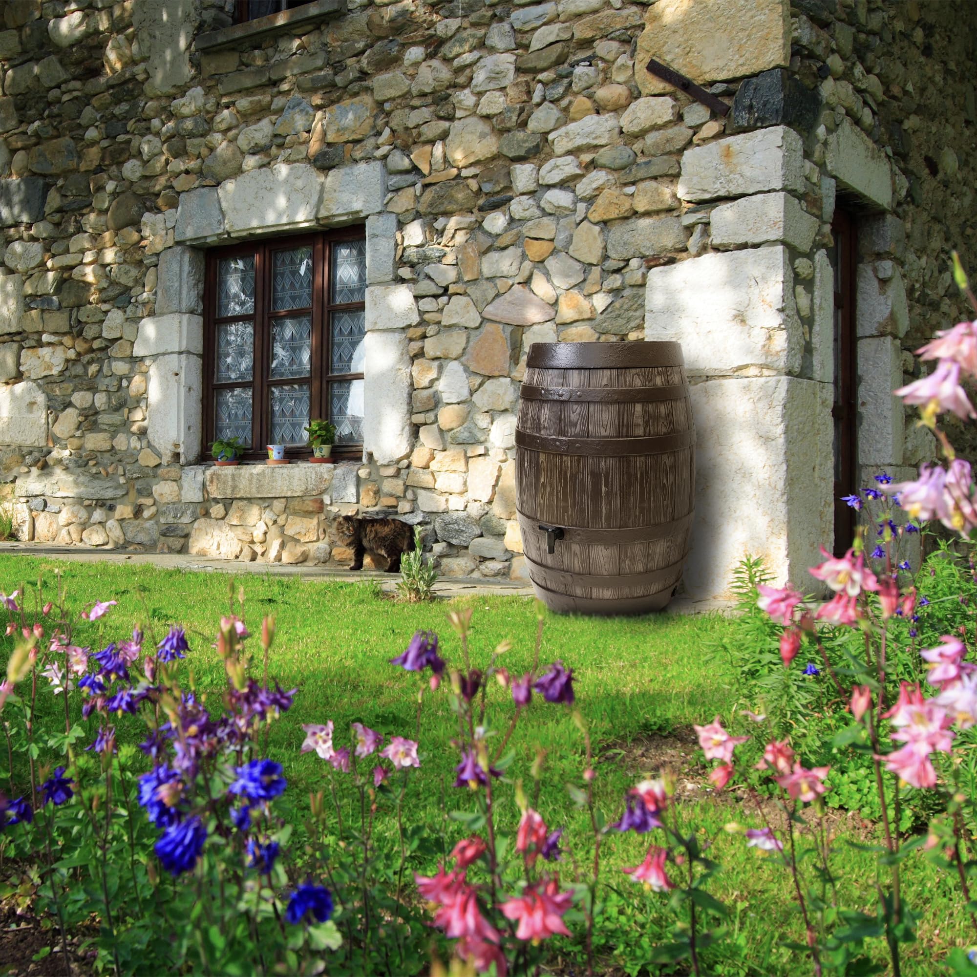 YourCasa Regentonne 250 Liter [Barrel] mit windsicherem Deckel - Regenfass Frostsicher aus Kunststoff in Holzoptik - Regenwassertonne - Regenwassertank Garten - Holz Weinfass Wasserfass Holzfass