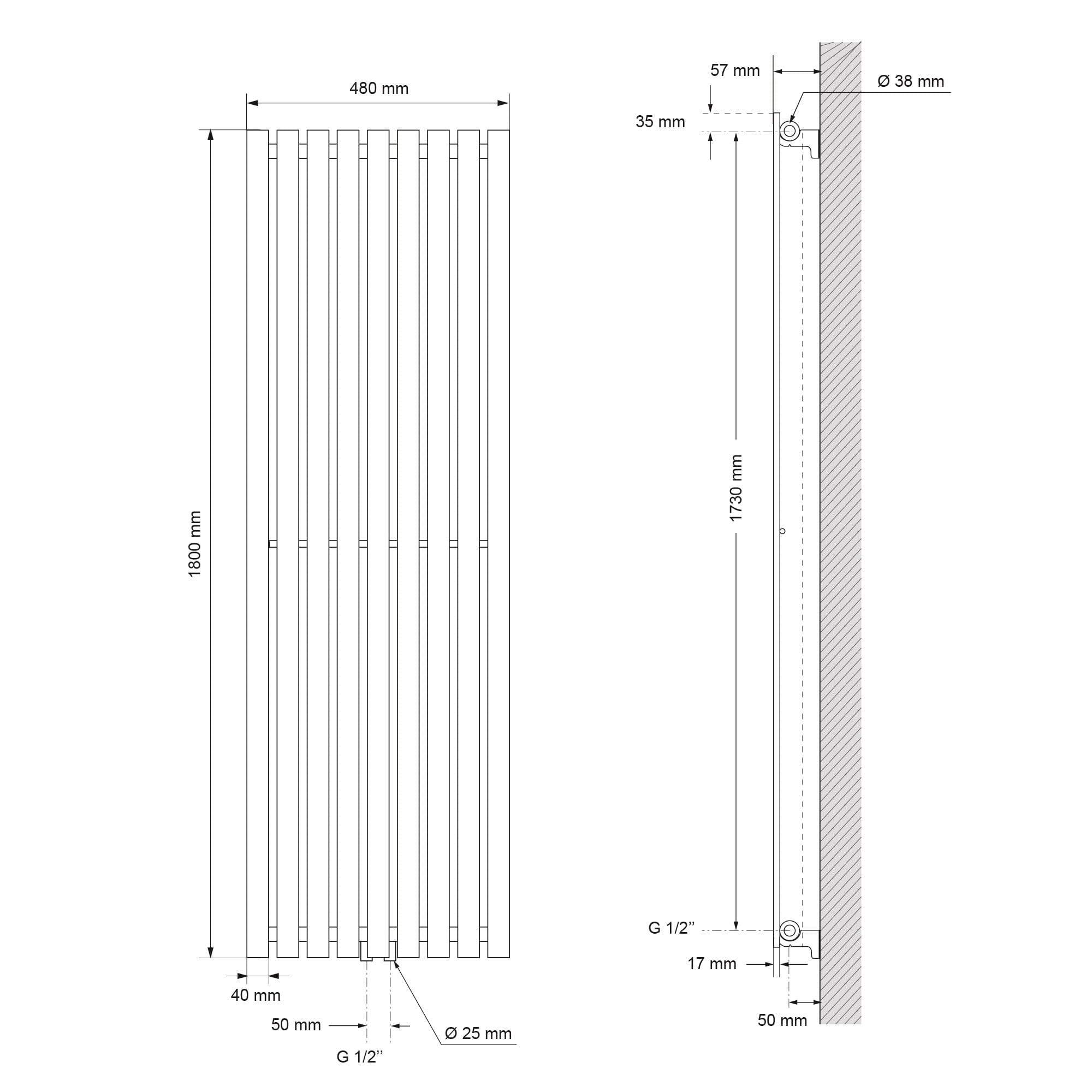 LuxeBath Radiatore da Bagno Stella 480 x 1800 mm Bianco, Termoarredo Piatto Monostrato in Acciaio con Connessione Centrale, Scaldasalviette Moderno, Calorifero per Riscaldamento Domestico