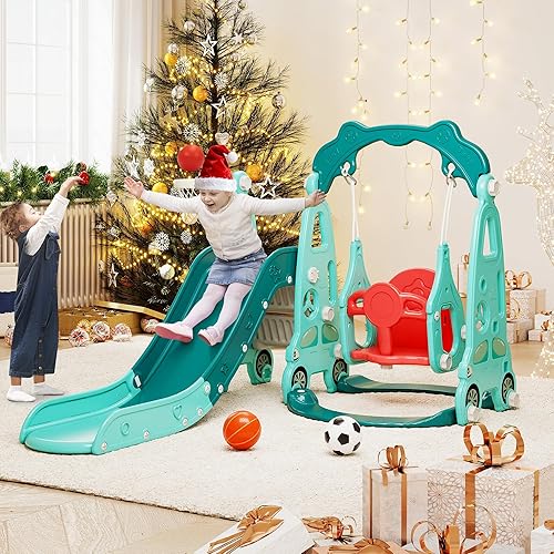 Miniatura 6 de Juego de columpios 4 en 1 para escalar tobogán independiente para niños pequeños con aro de baloncesto, patio de juegos para niños pequeños en