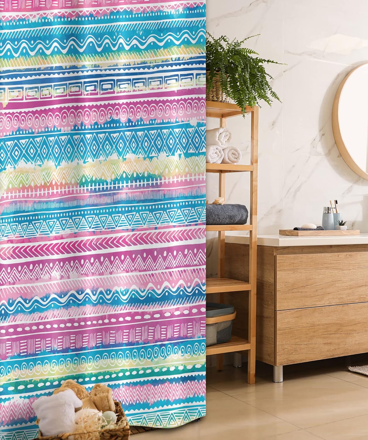 Ambesonne Tribal Stall Shower Curtain, Watercolor Tie Dye Effect Art Stripes Aquatic Theme Bohemian Aztec Print, Fabric Bathroom Decor Set with Hooks, 36" W x 72" L, Blue Pink Cream