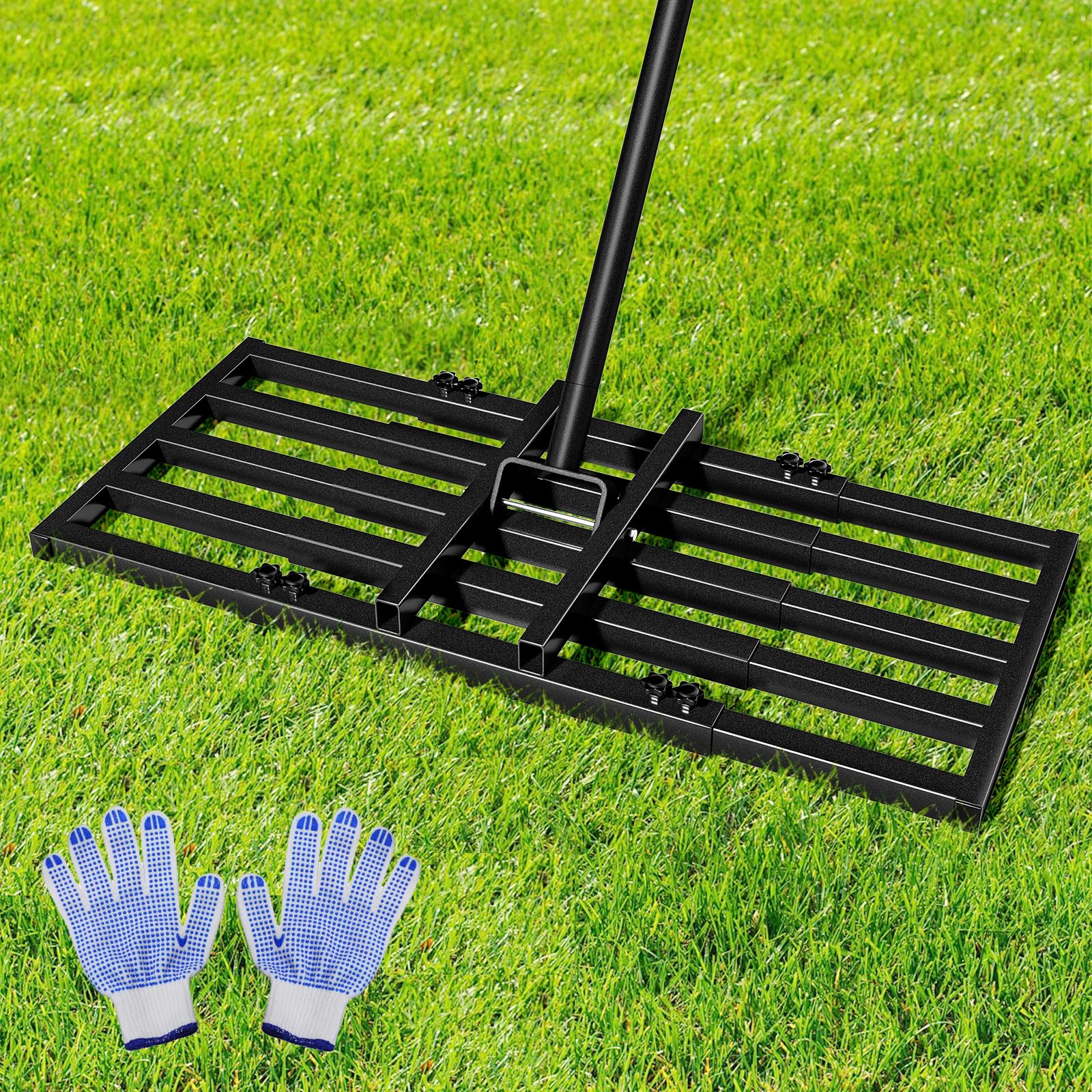 Grabie do wyrównywania trawnika, narzędzie do samodzielnego poziomowania trawnika z regulowanymi 28''x 13'' stalowymi grabiami do trawnika i 7-stopową regulowaną rączką, 12-funtowe, wytrzymałe narzę