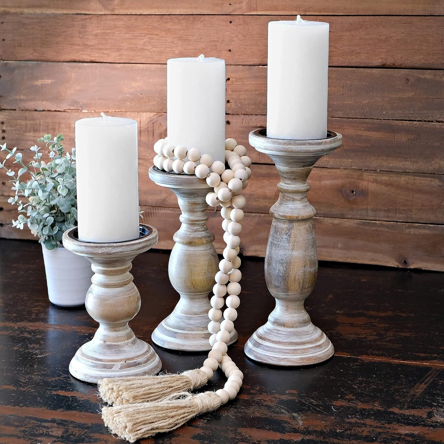 Sets of 3 Candle Holders For Pillar Candles, Wood Pillar Candle Holders for Table Accent, Pillar Candle Holders Set Of 3 for Pillar Candles And Flameless Led Candles, Tall Candle Sticks Wood Farmhouse : Home & Kitchen
