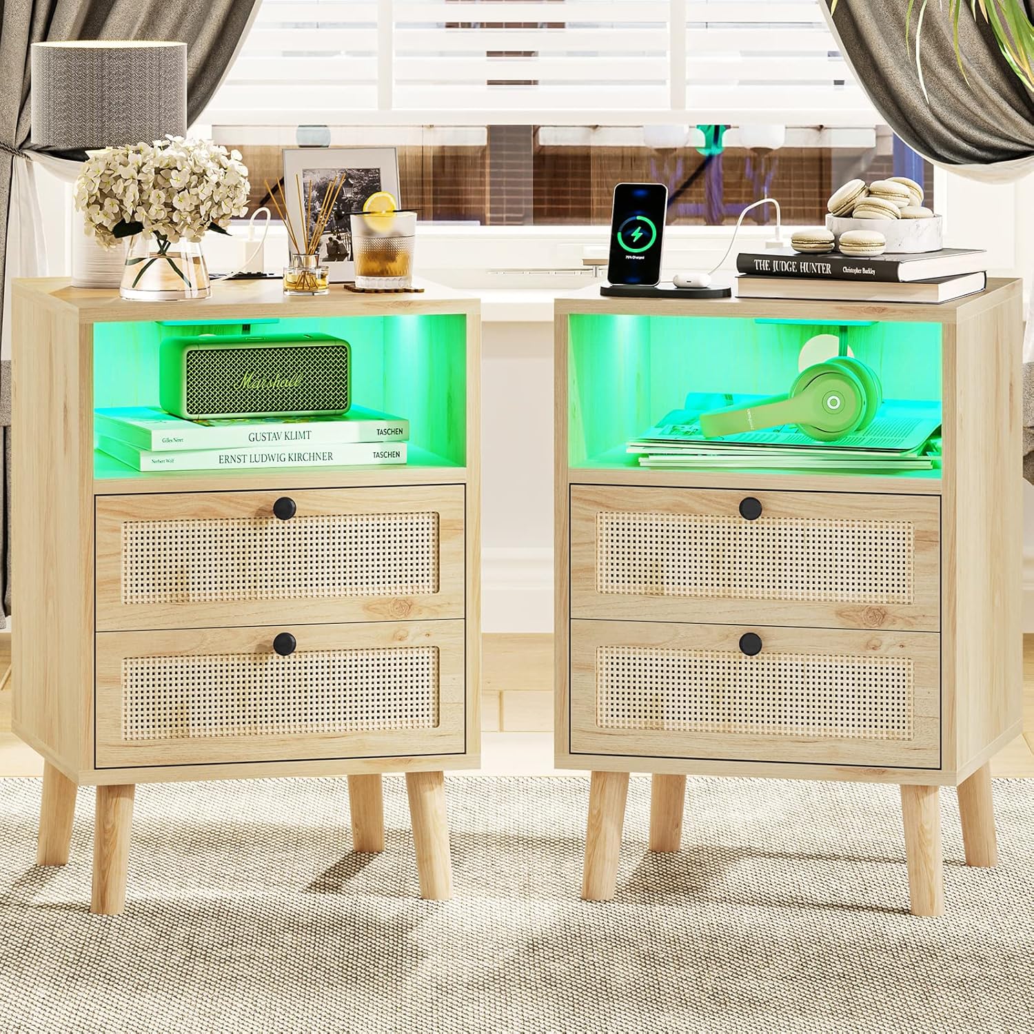 VIAGDO Rattan Nightstands Set of 2 with LED Lights, Night