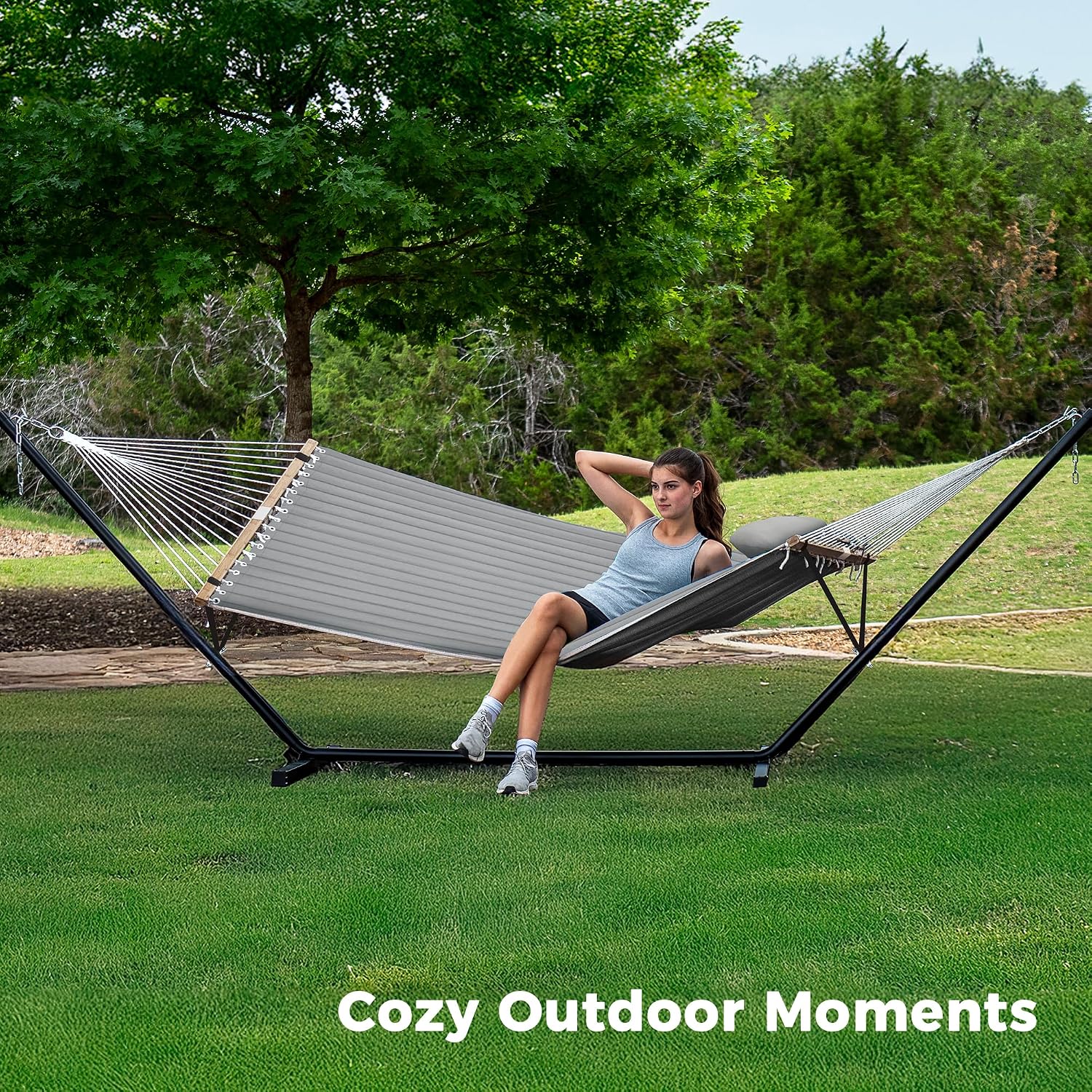 SUPERJARE Hammock with Stand, 2 Person Quilted Outdoor Hammock, Detachable Pillow & Bamboo Spreaders, Portable Hammock with Carrying Bag, Heavy Duty Stand, Perfect for Outside, Patio, Gray thumbnail