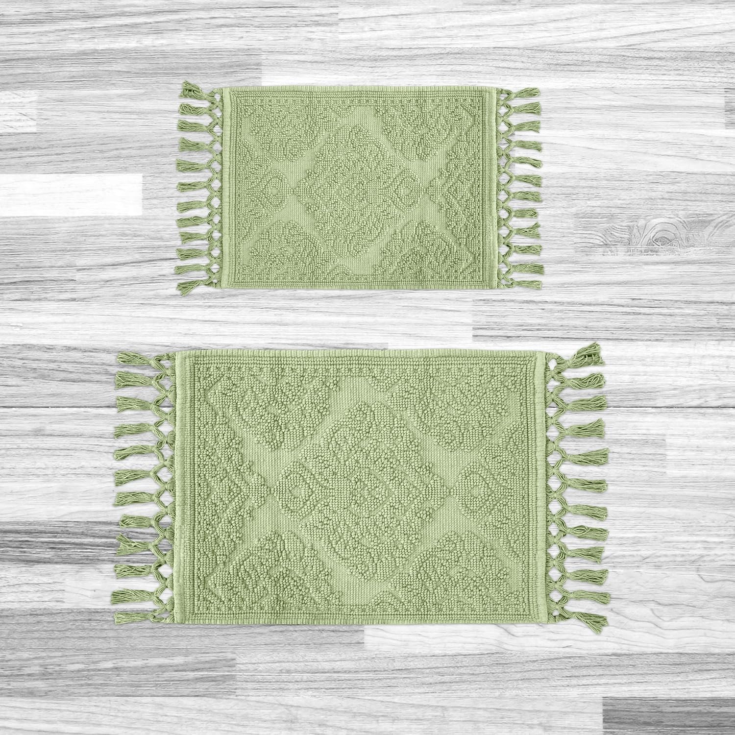 Jean Pierre – Ricardo Bath Mats, Set of 2 Woven Fringe Bathroom Rugs, 100% Cotton, Premium Bathroom Decor - Measures 17" x 31" and 21” x 41”- Sage Green