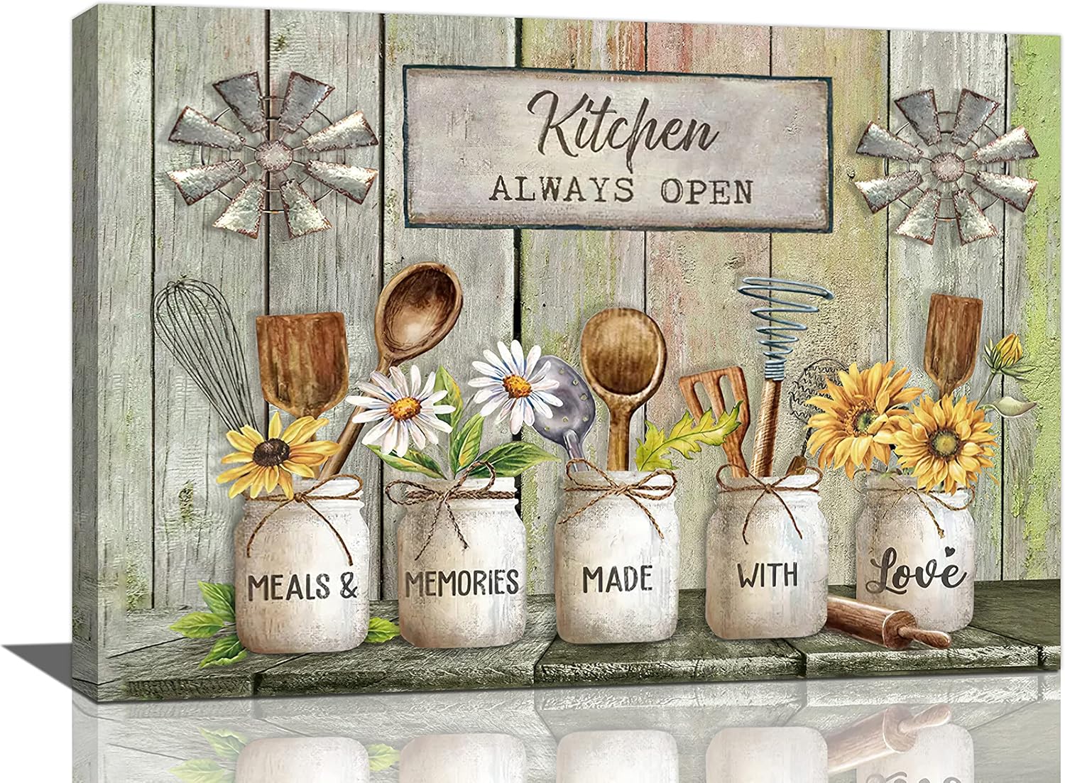 Farmhouse Kitchen Wall Art Country Tableware Pictures Wall Decor Rustic Flowers Painting Vintage Kitchen Framed Artwork Canvas Home Decorations for Dining Room Restaurant Living Room 16″x24″