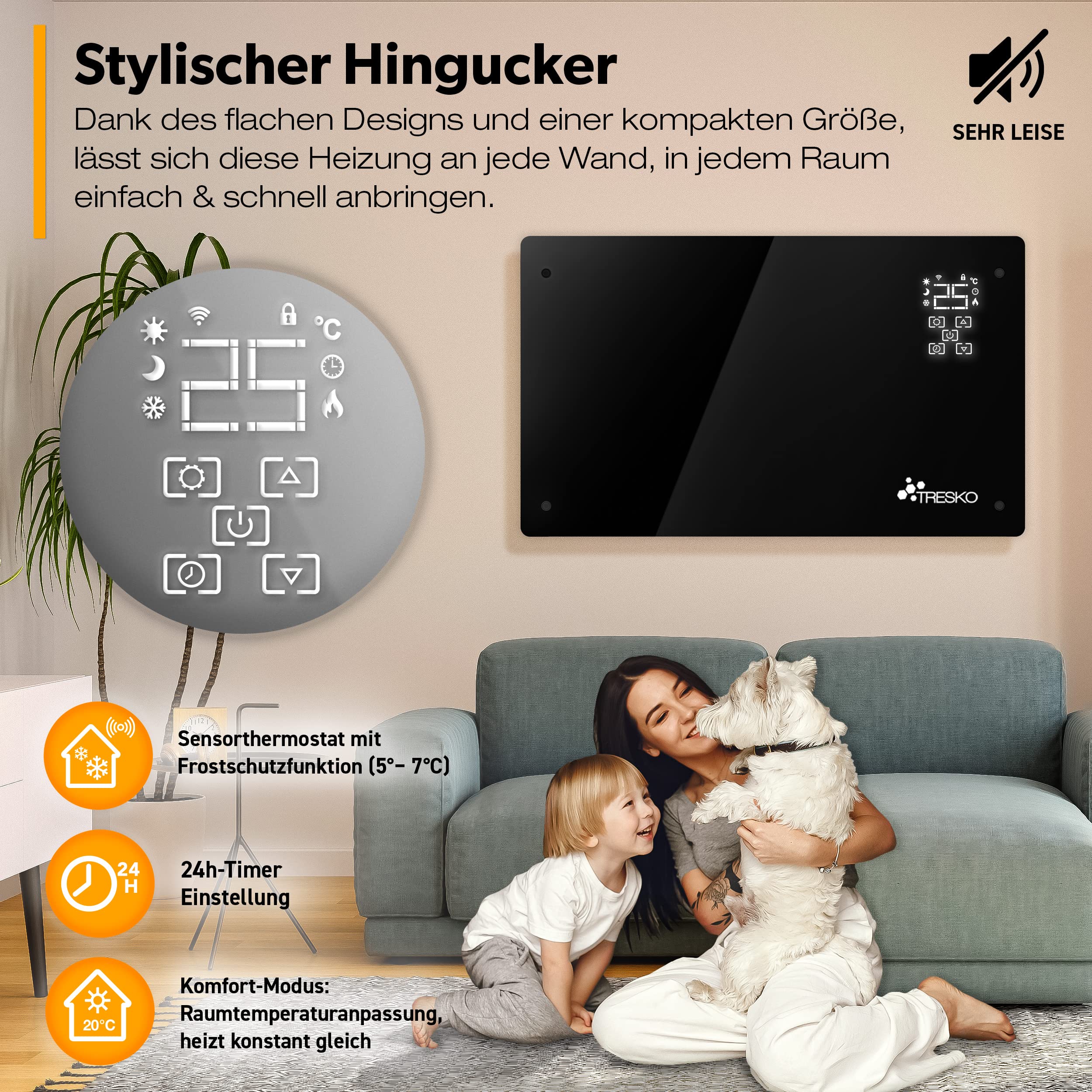 TRESKO® Szklany konwektor 2000 W, aplikacja WiFi, ogrzewanie elektryczne, ogrzewanie szklane, grzejnik konwektorowy, grzejnik LED i timer, grzejnik elektryczny, ogrzewanie stojące lub ścienne