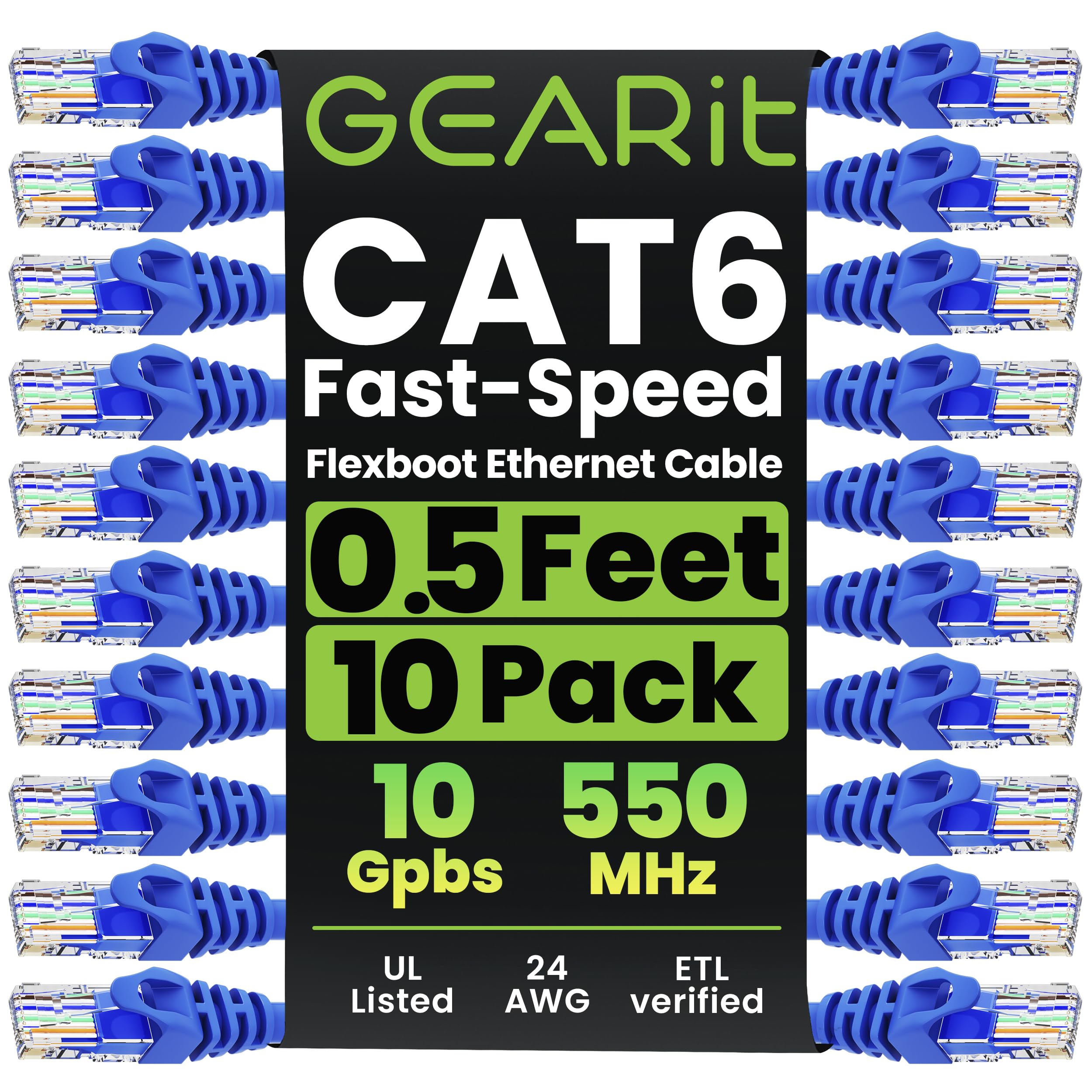 10-Pack Cat6 Patch Cable 0.5 Foot / 6 Inches Cat 6 Ethernet Cable Snagless Flexible Soft Tab - Premium Series - Blue