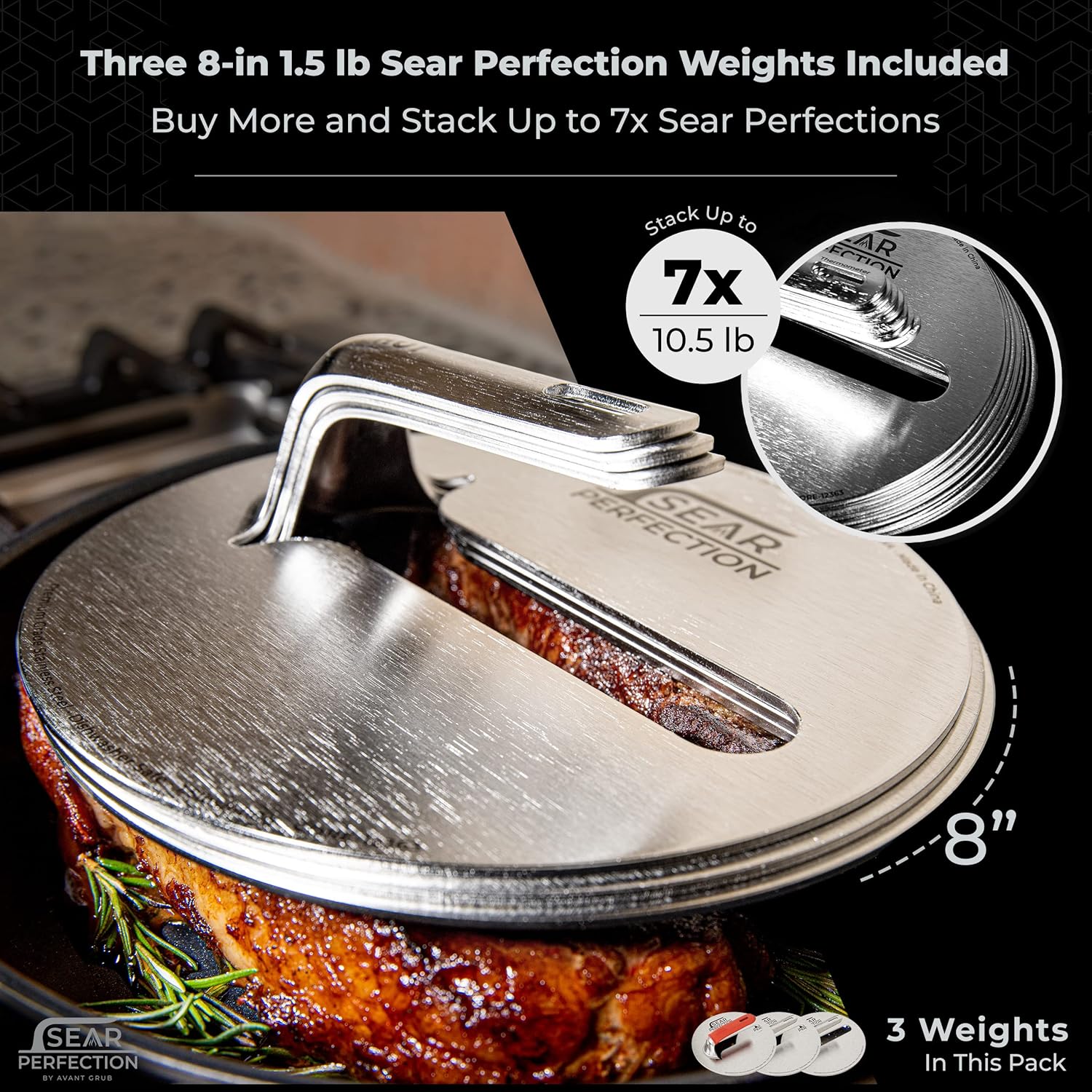 3x Sear Perfection Stackable Steak Weight (4.5lb Total). Chef-Grade Stainless Steel Round Stacking Grill Press for Meat, Bacon, Burgers. Great Gift for Dad or Griddle, Skillet, or Flat Top Enthusiast