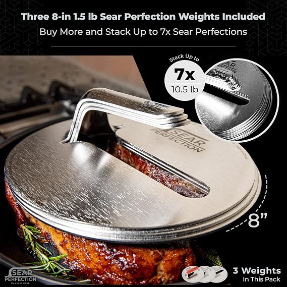 3x Sear Perfection Stackable Steak Weight (4.5lb Total). Chef-Grade Stainless Steel Round Stacking Grill Press for Meat, Bacon, Burgers. Great Gift for Dad or Griddle, Skillet, or Flat Top Enthusiast