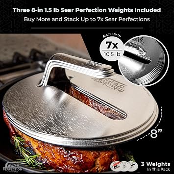 3x Sear Perfection Stackable Steak Weight (4.5lb Total). Chef-Grade Stainless Steel Round Stacking Grill Press for Meat, Bacon, Burgers. Great Gift for Dad or Griddle, Skillet, or Flat Top Enthusiast