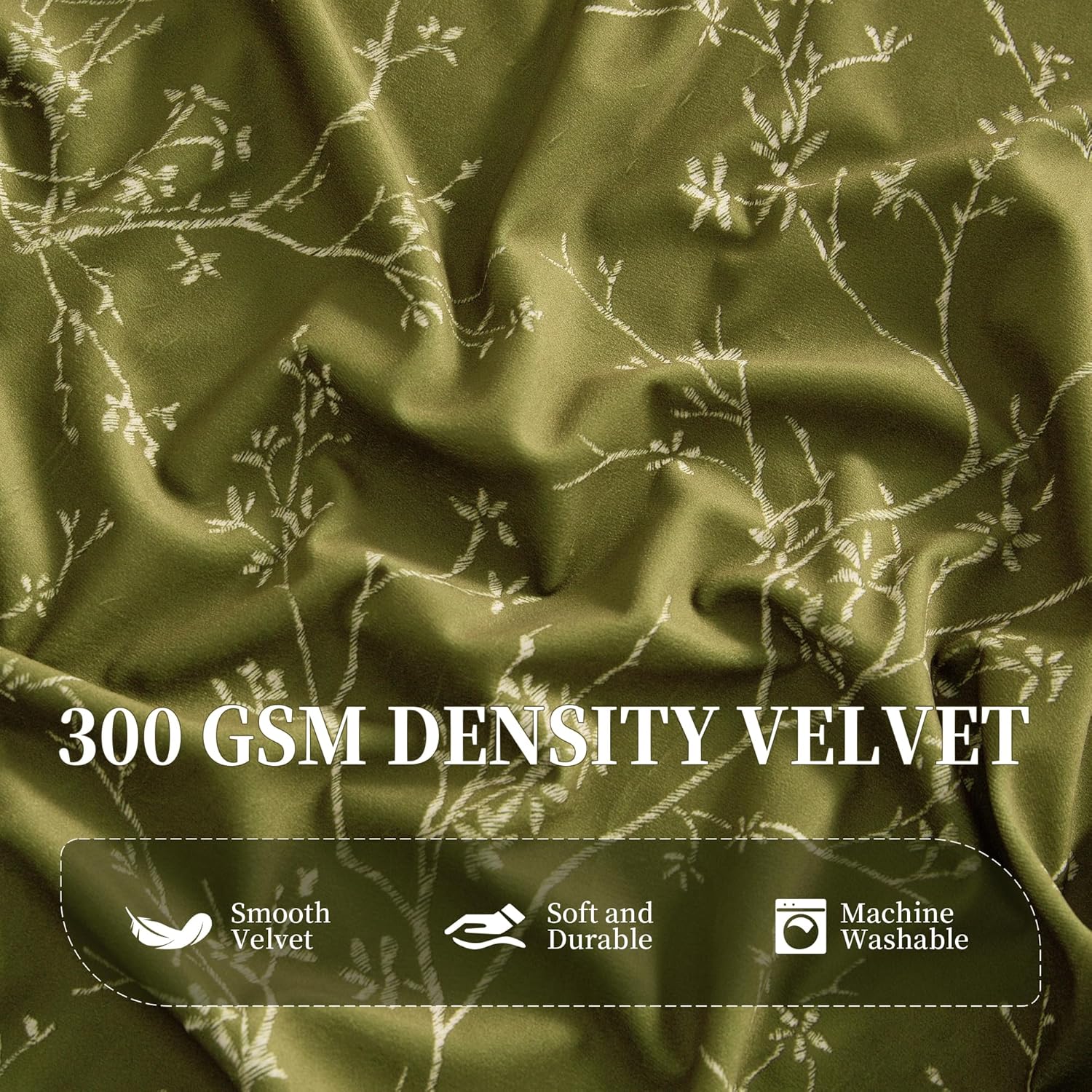 StangH Olive Green Vintage Velvet Curtains for Bedroom, Modern Mid-Century Twig & Floral Print Curtains Earthy Privacy Light Filtering Window Treatments for Living Room, W52 x L84, 2 Panels