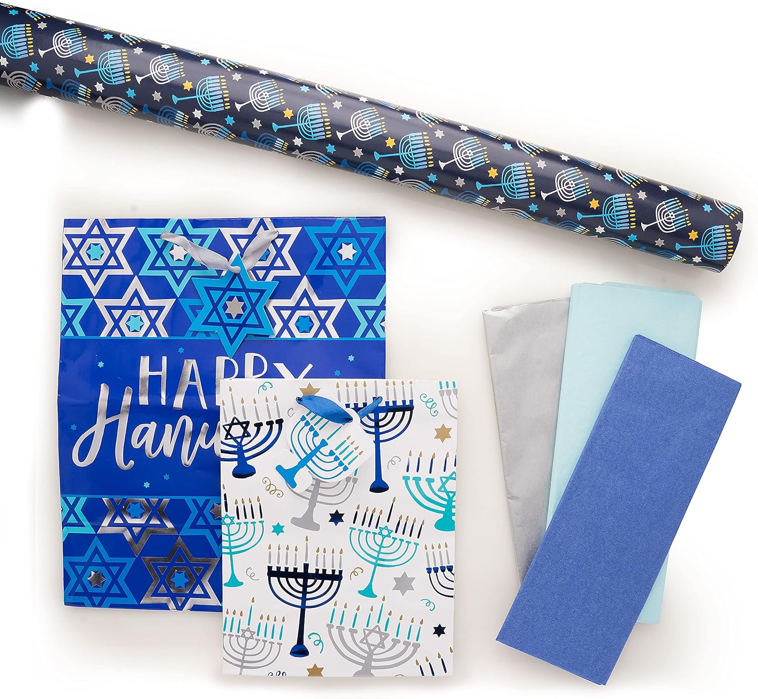Stephanie Imports Made in USA 12 Hanukkah Themed Paper Shopping Bags (6 small, 6 medium) With Tissue Paper & Gift Wrap Rolls