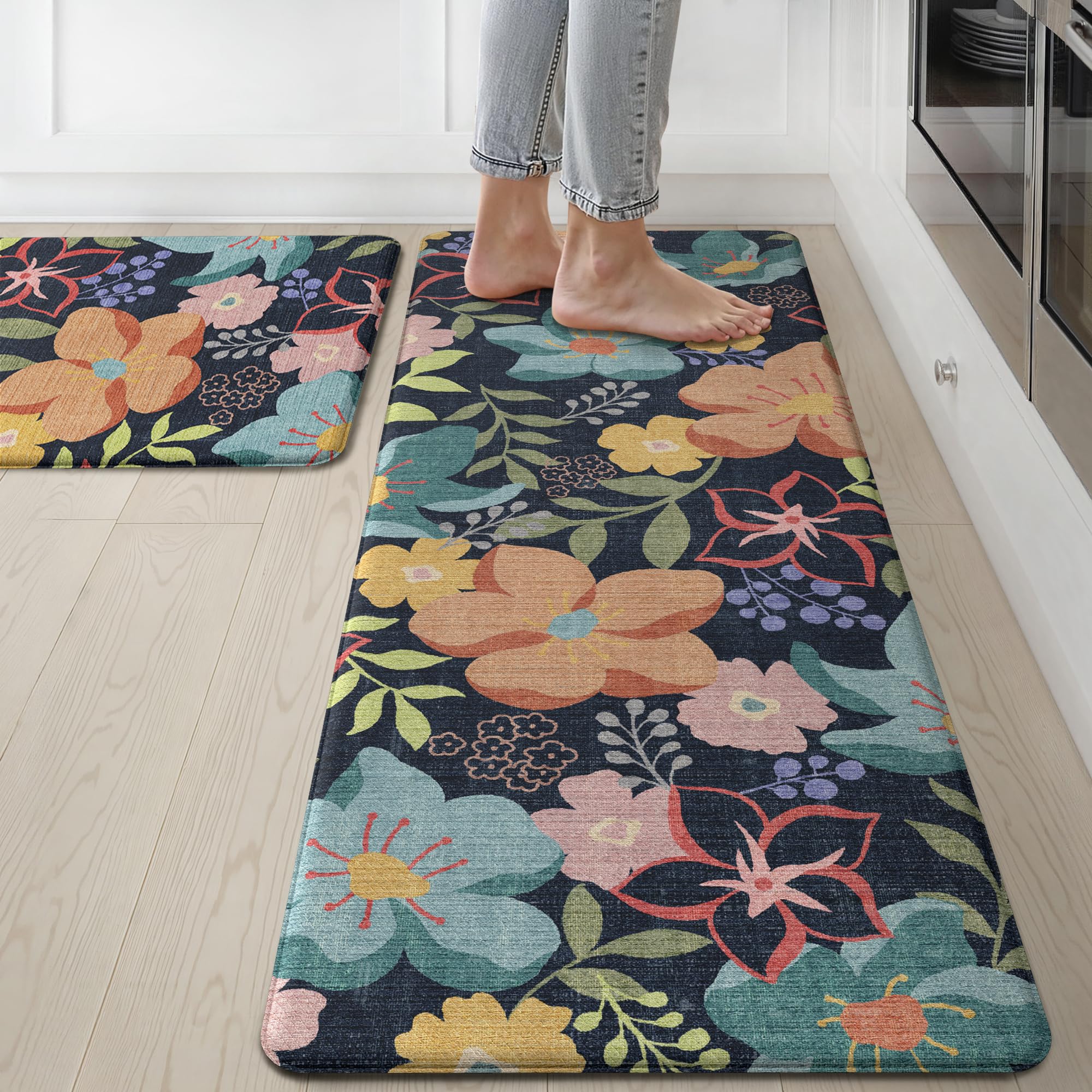 GENIMO Kitchen Mats for Floor 2PCS, Cushioned Kitchen Rugs Non Slip Washable, Farmhouse Anti Fatigue Mat Waterproof, Comfort Standing Mat Rug for Office, Home, Laundry, 17.3"x47"+17.3"x30", LightBlack