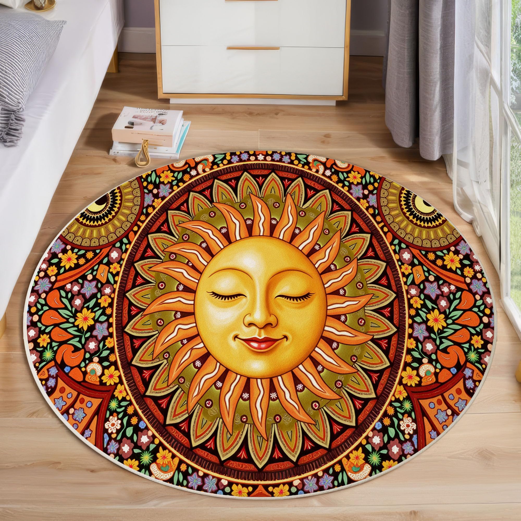 Tapis rond soleil abstrait or 60cm aux finitions haut de gamme